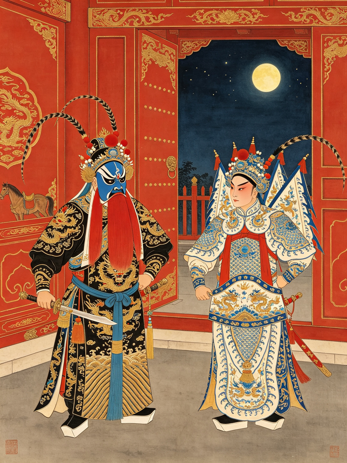 京剧盗御马窦尔敦与黄天霸舞台艺术——窦尔敦花脸蓝脸红髯口草莽英雄，黄天霸武生英俊追查，月夜御马厩场景
