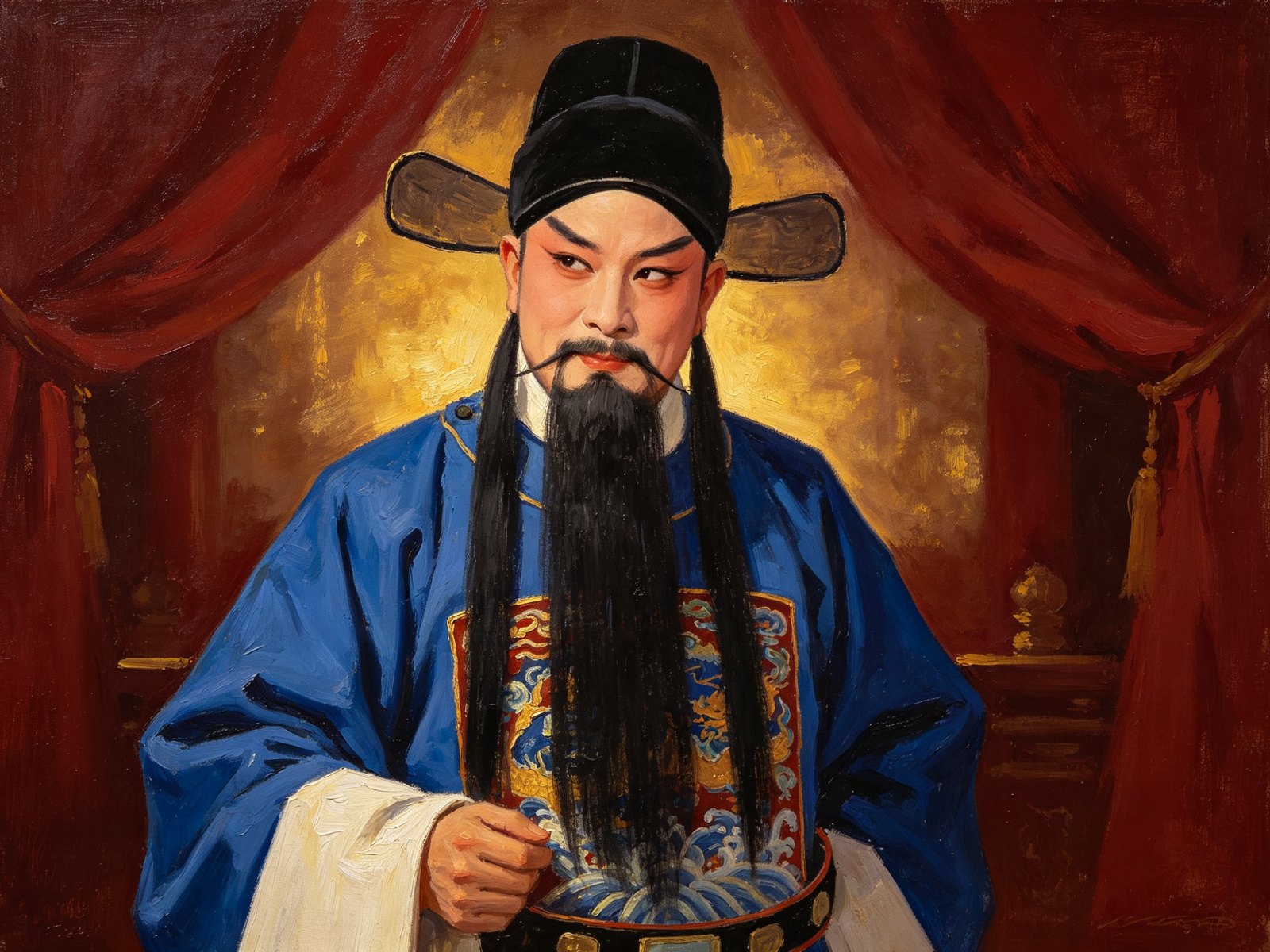 京剧《打严嵩》做工老生邹应龙乌纱帽蓝官衣、三绺黑髯，嘴角含笑、目光斜睨，智斗权奸