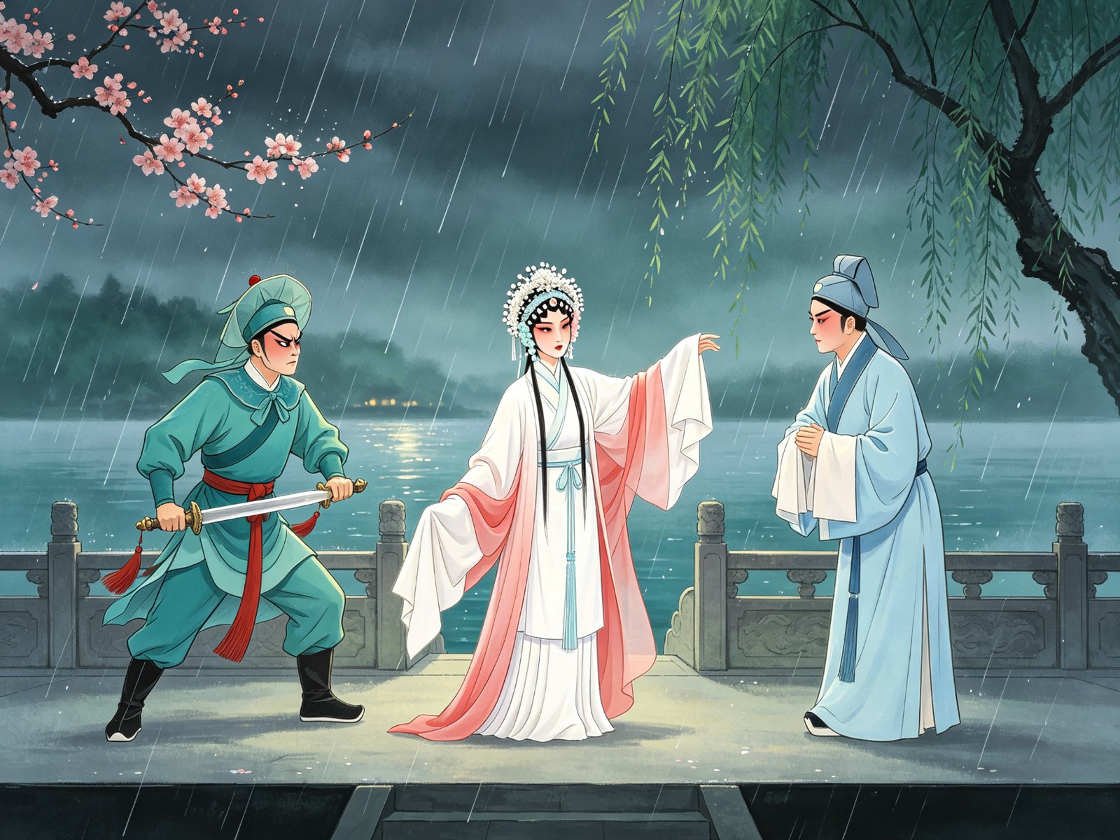 京剧《断桥》青衣白素贞戴白色珠花头面、穿白褶子外罩淡红披风，与持双剑的武旦小青、拱手赔罪的小生许仙在烟雨西湖石桥前