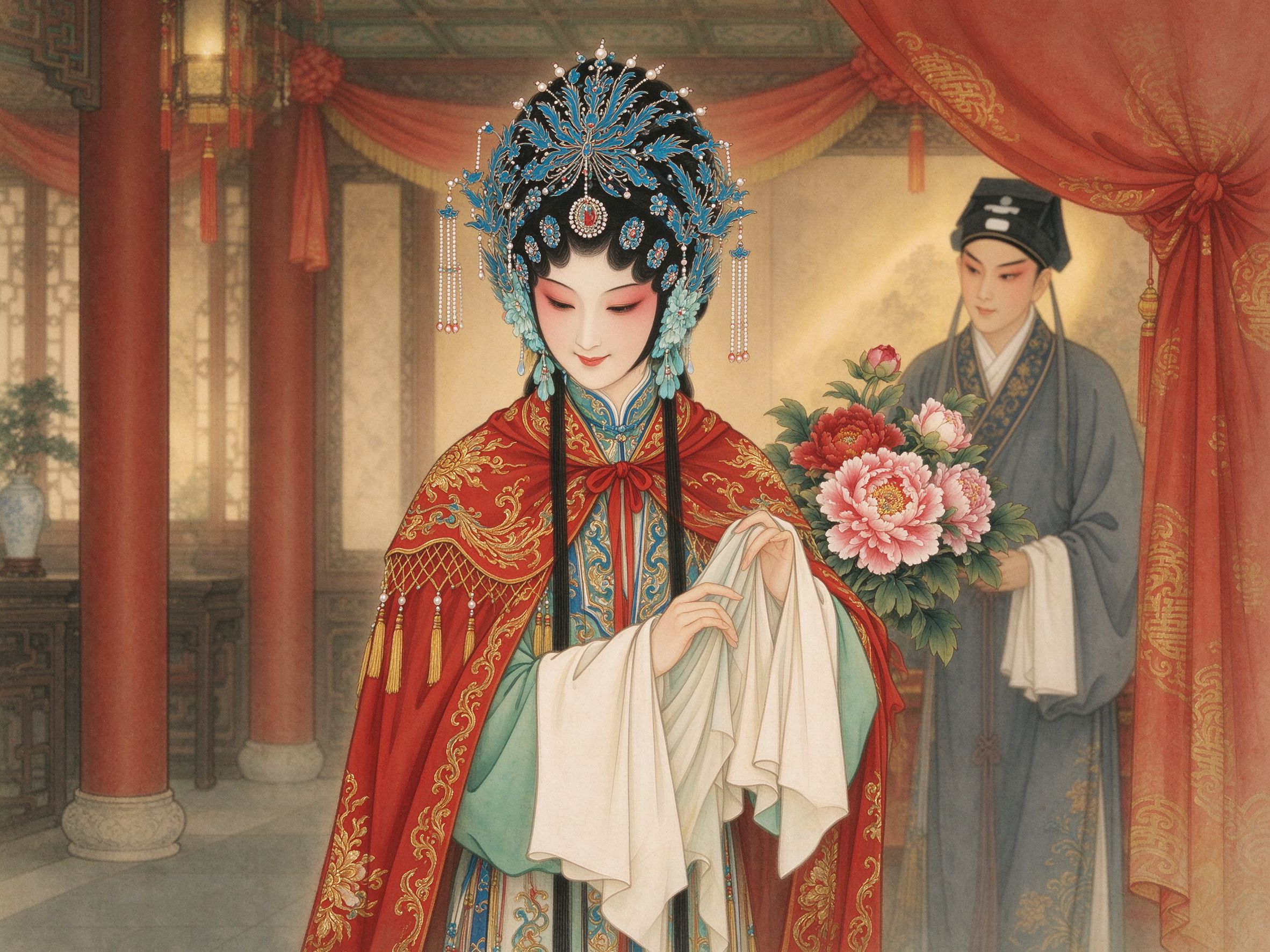 京剧《凤还巢》程雪娥大红绣金帔盛装、侧立儒雅书生穆居易