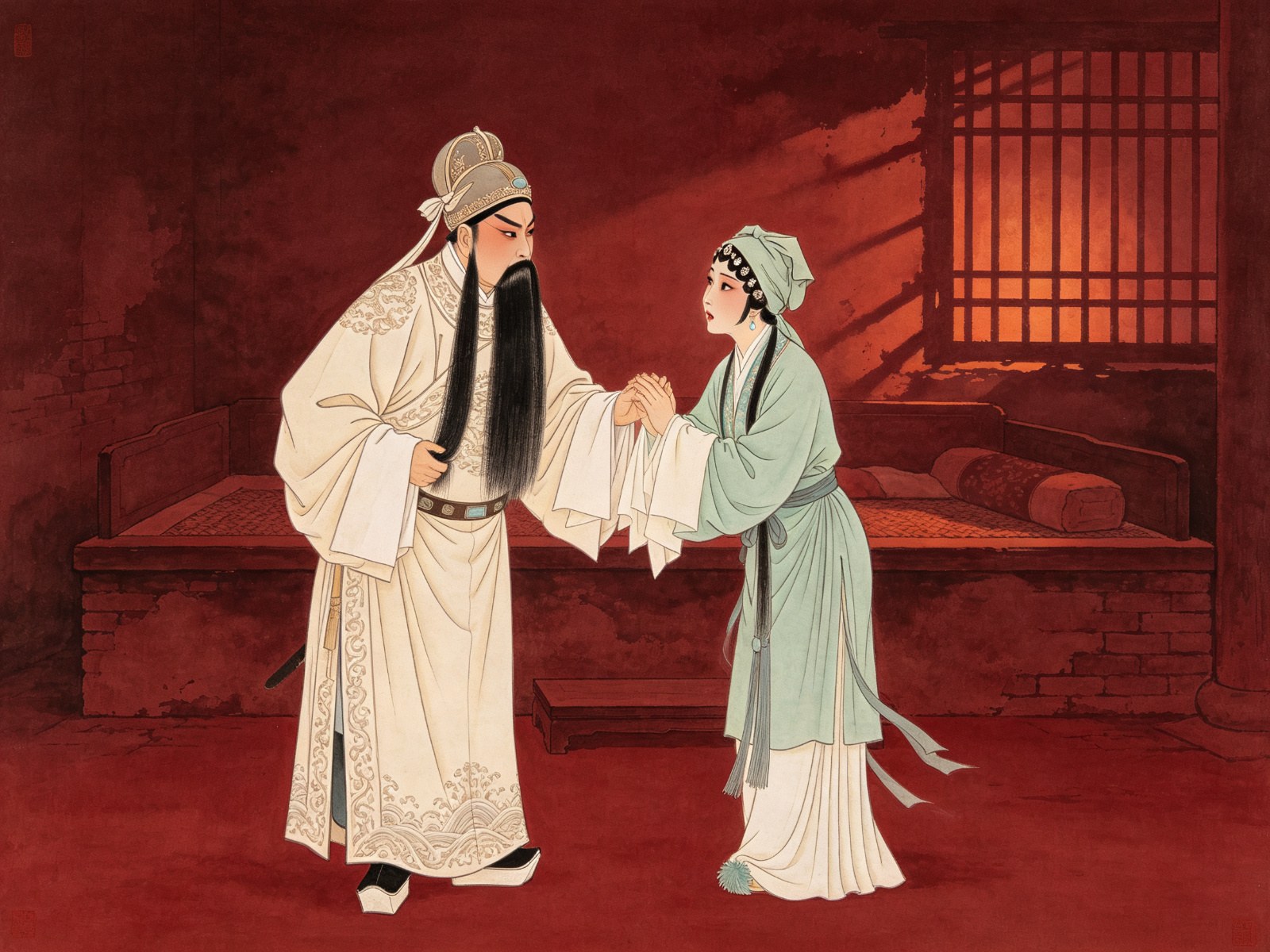 京剧《汾河湾》老生薛仁贵挂黑三髯、青衣柳迎春素衣，在寒窑里面对面试探相认，暖光从破窗照入
