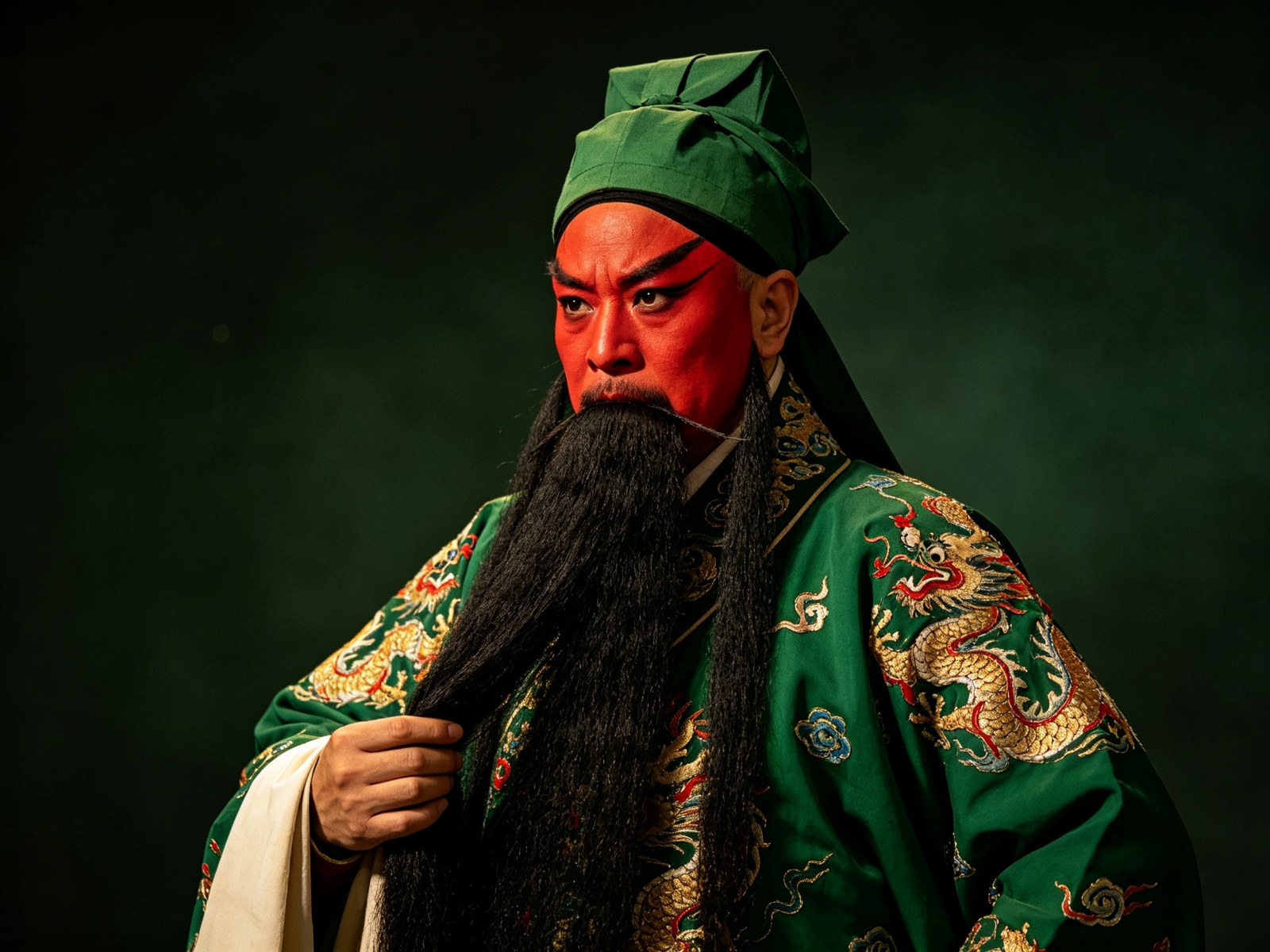 京剧《古城会》红生关羽整脸勾红脸、丹凤眼卧蚕眉、戴绿色夫子巾、身穿绿色绣龙蟒袍，五绺长髯垂胸、神色威严凝重