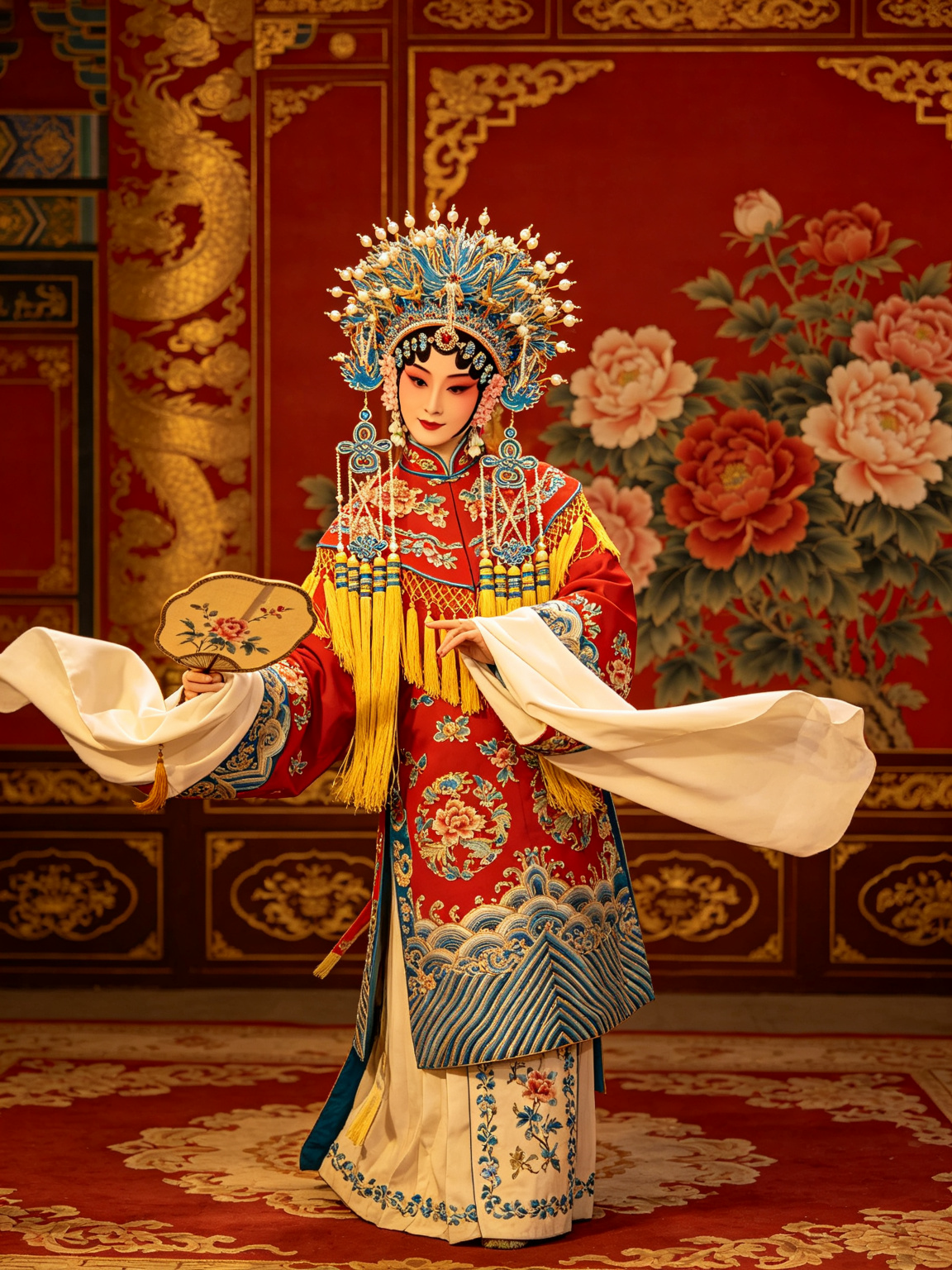 京剧贵妃醉酒杨玉环舞台艺术——梅派花衫华丽宫装头戴凤冠手持折扇，水袖飘逸，大唐宫殿牡丹背景