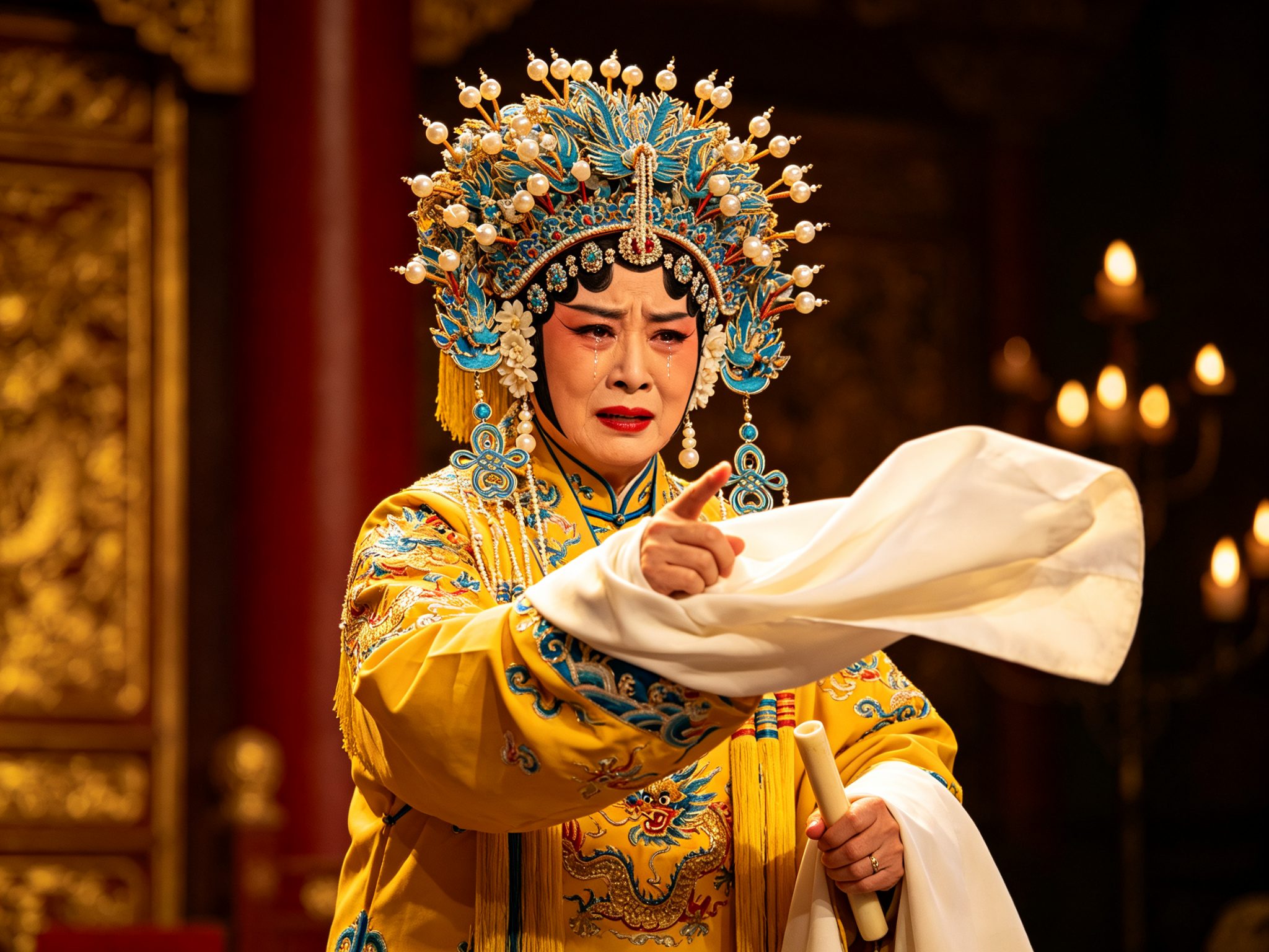 京剧《贺后骂殿》老旦贺后满头珠翠、身穿明黄绣龙女帔，悲愤指斥，白色水袖翻扬甩出，眼中含泪