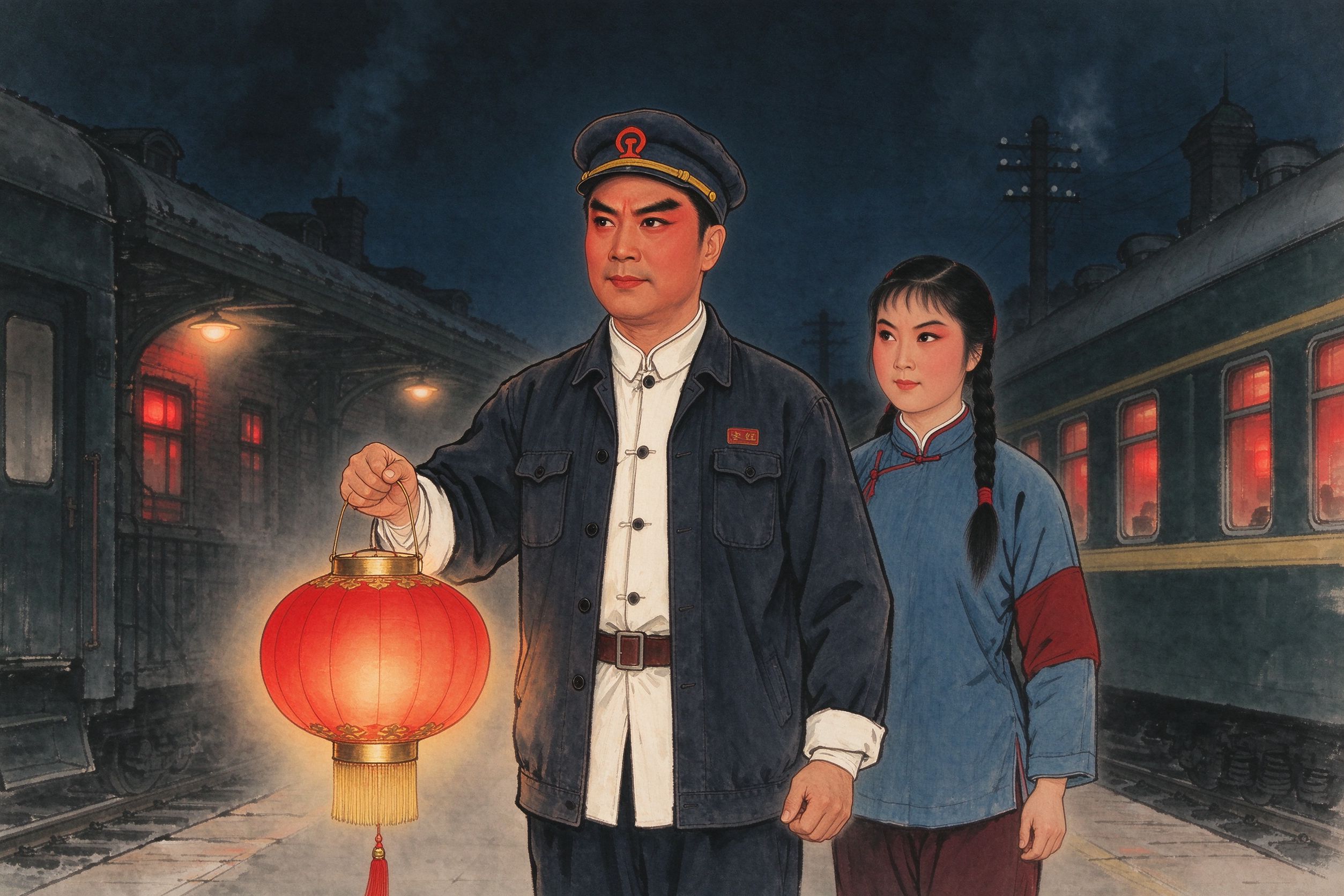 京剧《红灯记》李玉和手提红灯与李铁梅