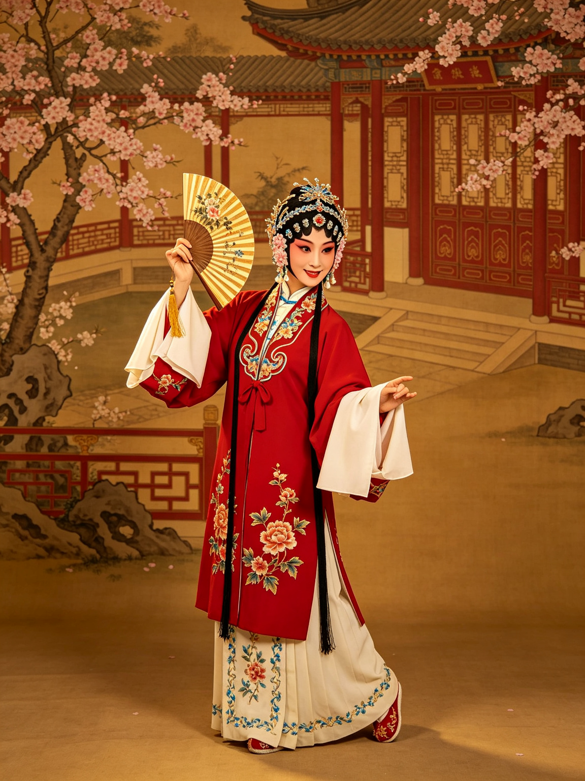 京剧红娘舞台艺术——荀派花旦俏皮活泼手持折扇，水袖飘逸，西厢记古典庭院桃花背景