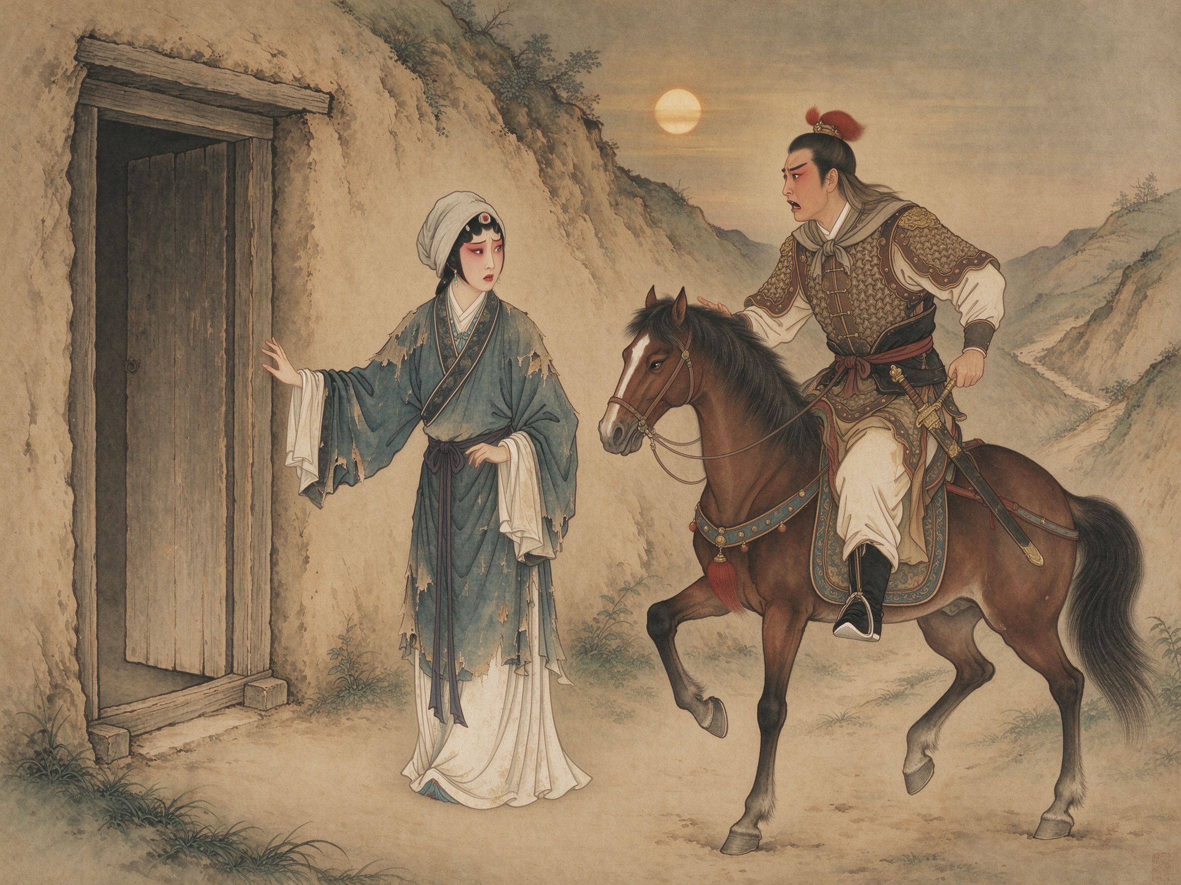 京剧《红鬃烈马》武家坡前王宝钏寒窑扶门、薛平贵骑马归来