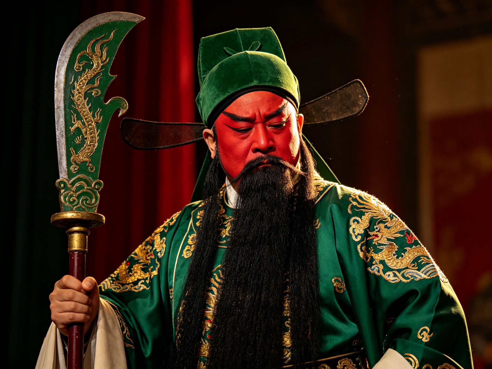 京剧《华容道》红生关羽红脸丹凤眼、五绺长髯、身穿翠绿绣金戏服，手扶青龙偃月刀、凝重威严