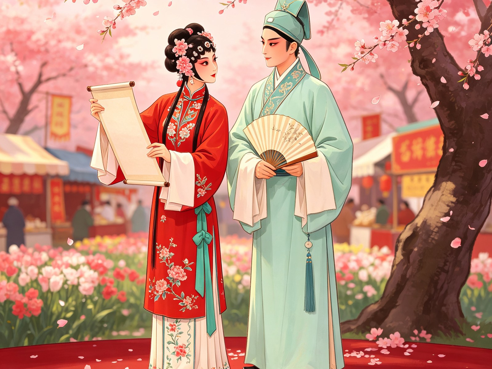 京剧《花田错》荀派花旦春兰梳双髻插粉花、穿大红绣花袄裙，与小生卞玑在桃花树下对视，手持空白画卷与折扇