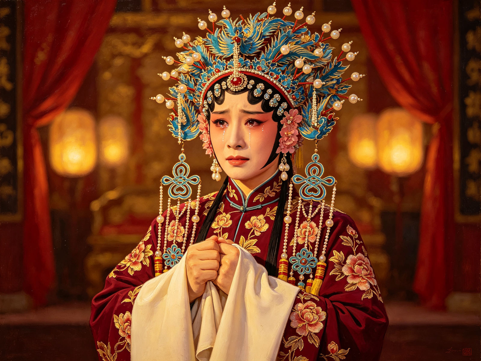 京剧《金水桥》旦角银屏公主点翠凤冠、深红宫装，双手攥水袖，眉眼哀恳立于金殿红帷宫灯之间
