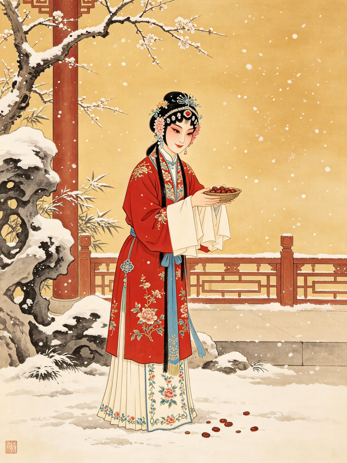 京剧金玉奴舞台艺术照——荀慧生大师金玉奴经典舞台形象金玉奴，荀派花旦娇俏活泼细腻柔美雪中赠豆意境