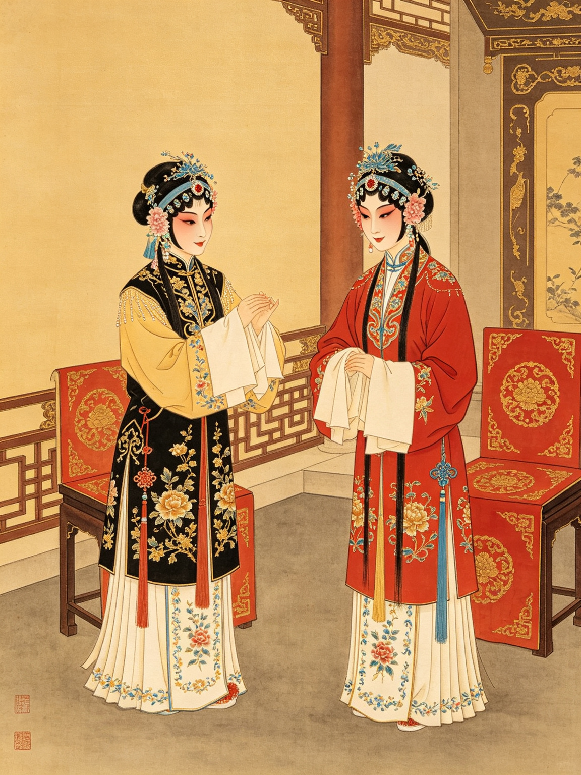 京剧勘玉钏舞台艺术照——荀慧生大师勘玉钏经典舞台形象俞素秋与韩玉钏，荀派花旦一人兼演两角前青衣后花旦