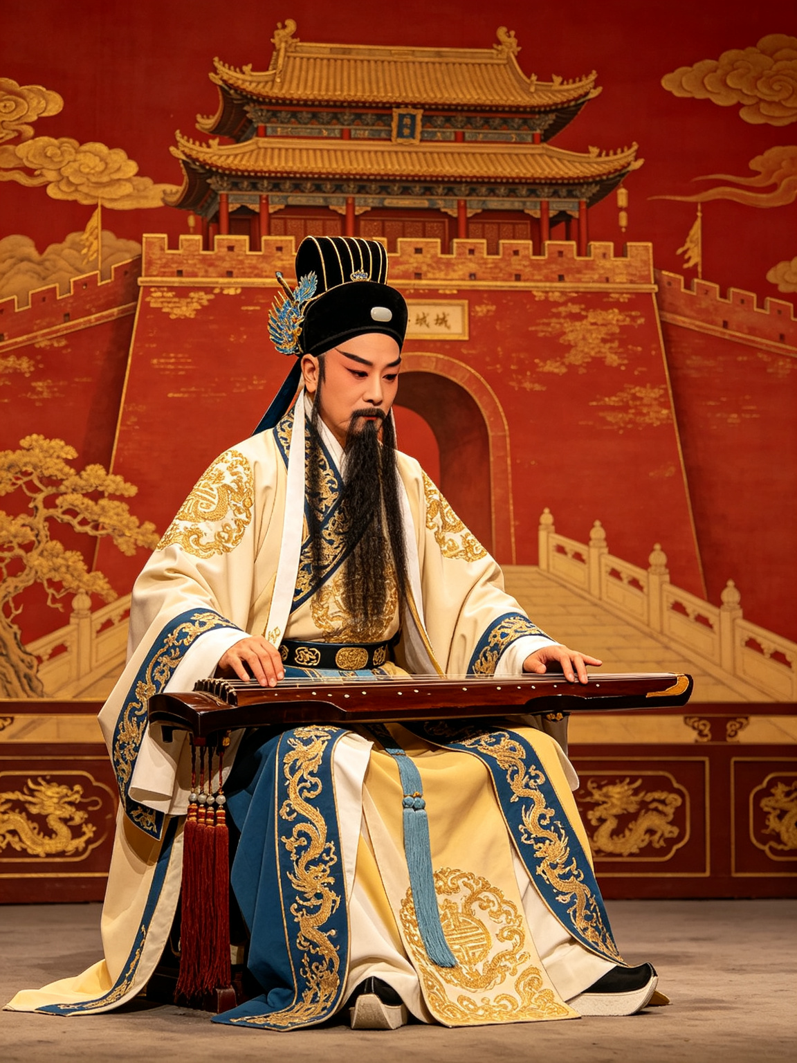 京剧空城计诸葛亮舞台艺术——老生羽扇纶巾鹤氅道袍端坐抚琴，神情自若临危不乱，西城城楼背景
