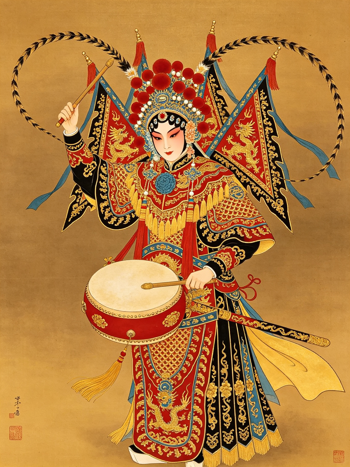 京剧梁红玉舞台艺术照——梁红玉擂鼓战金山经典舞台形象，巾帼英雄女将