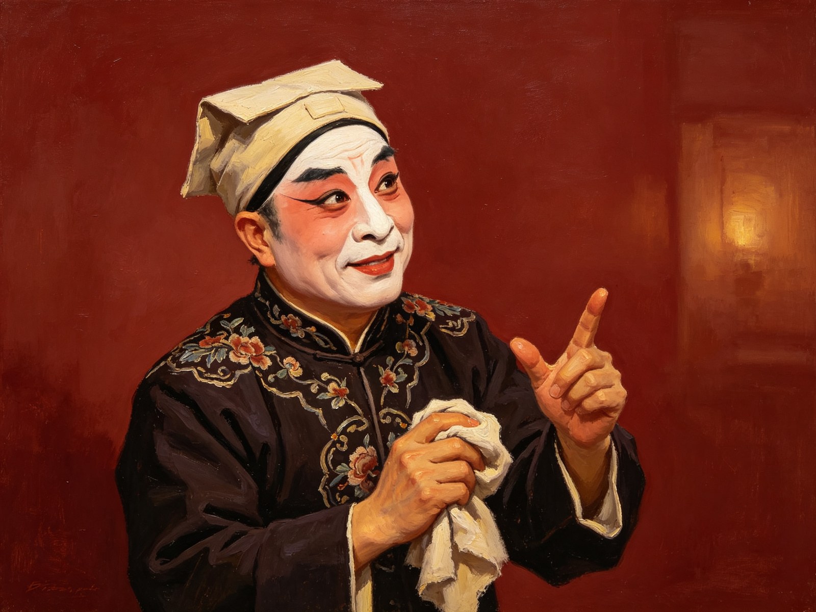 京剧《连升店》文丑店家白鼻梁豆腐块脸、头戴方巾、身穿深色绣花短褂、一手搓抹布一手比划，满脸前倨后恭的夸张势利表情