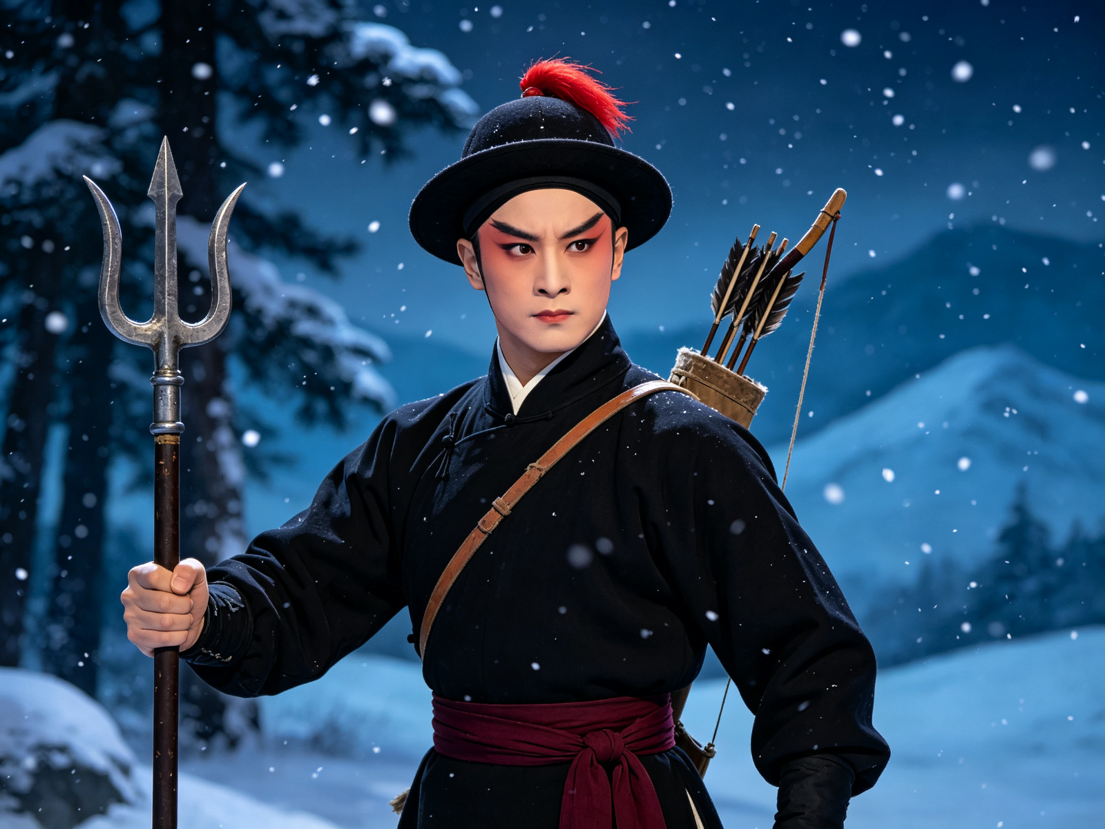 京剧《猎虎记》解珍短打武生扮相，黑衣红绦、软罗帽插红缨，手持钢叉、肩挎弓箭，雪夜山林背景