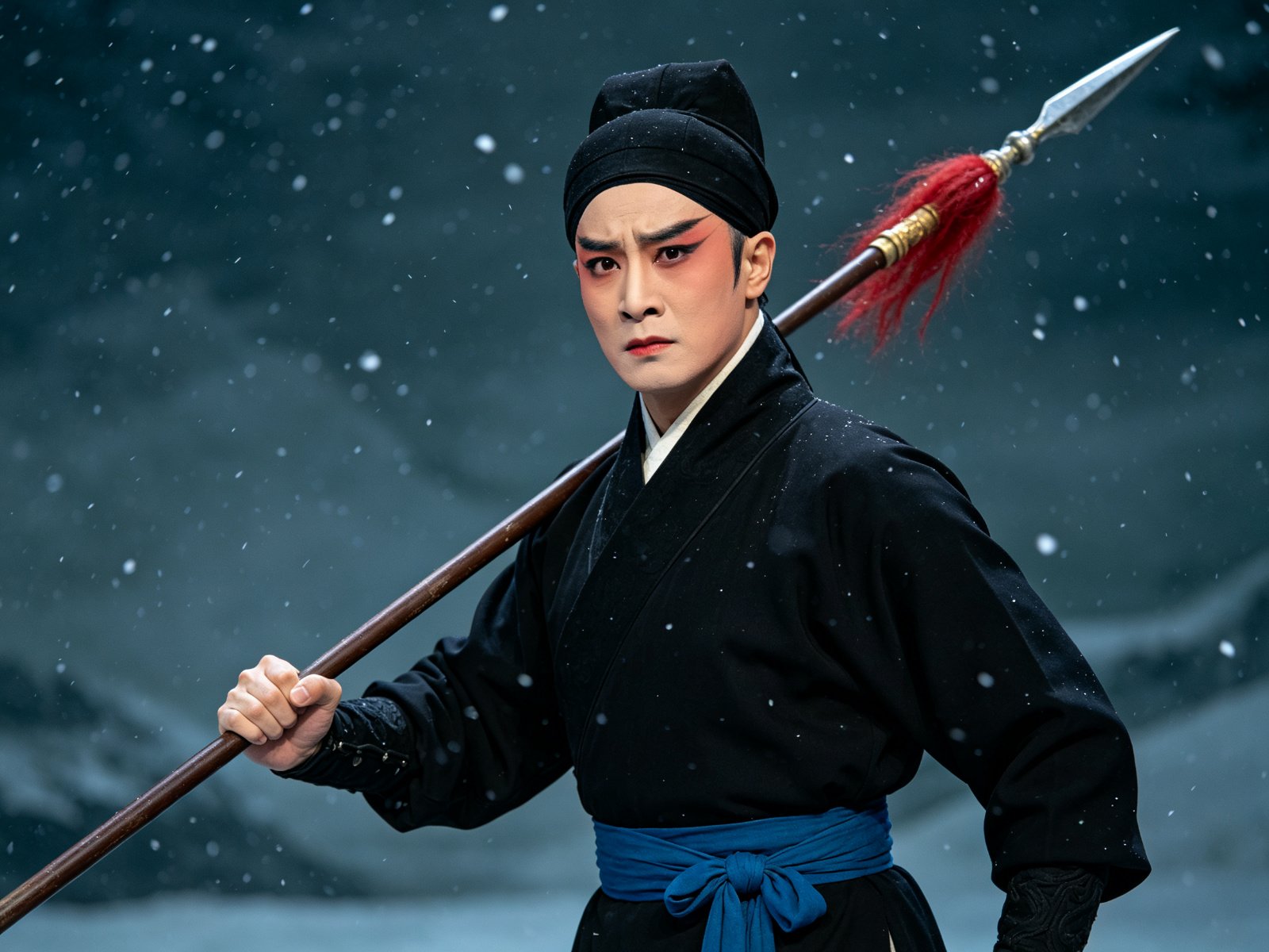 京剧《林冲夜奔》武生林冲黑罗帽黑素箭衣腰扎蓝绦，手持花枪身姿矫健、眼神悲愤决绝