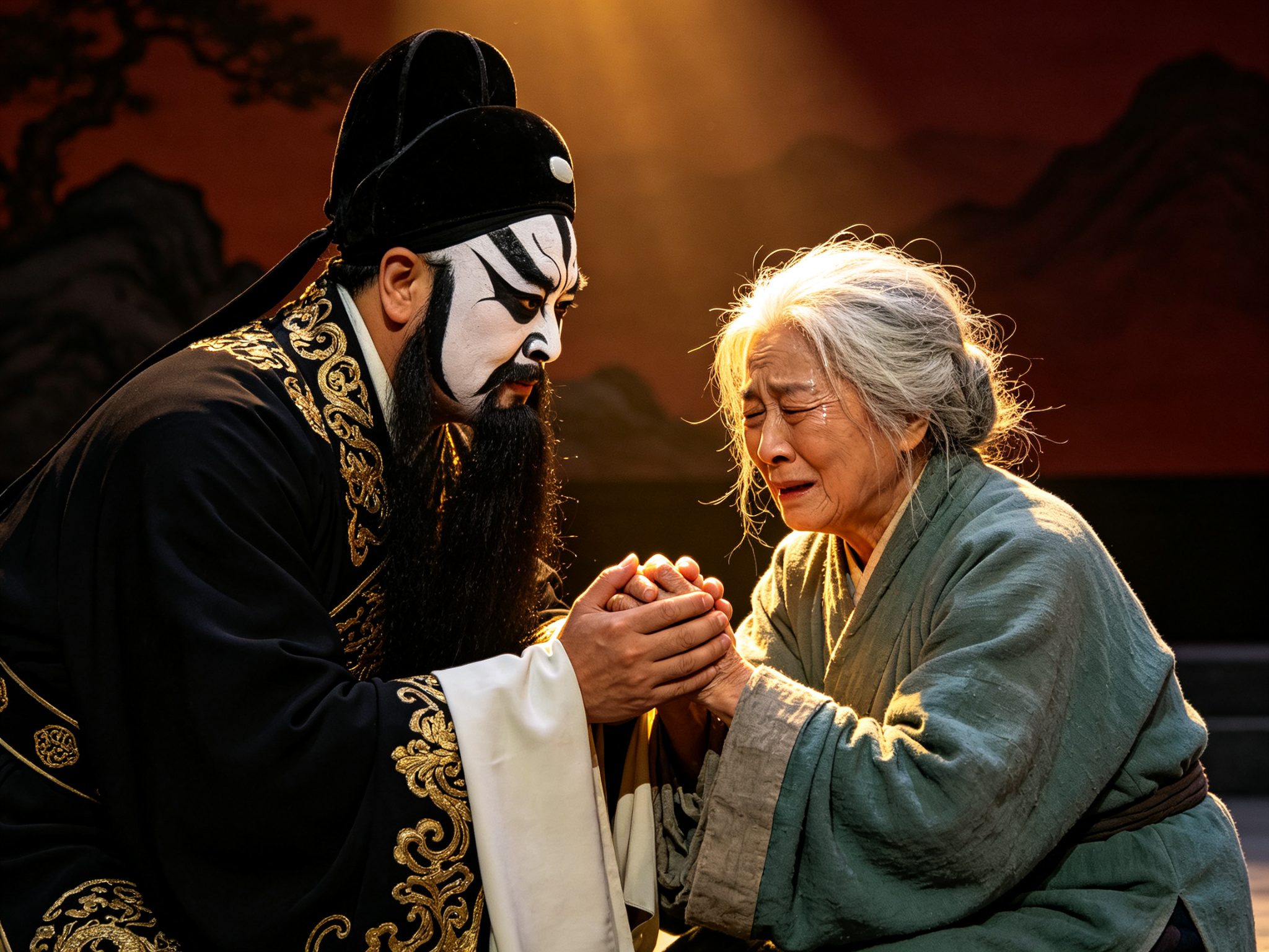 京剧《李逵探母》李逵勾黑白花脸单膝跪地，双手捧住白发盲母枯瘦的手，母子寒窑重逢老泪纵横