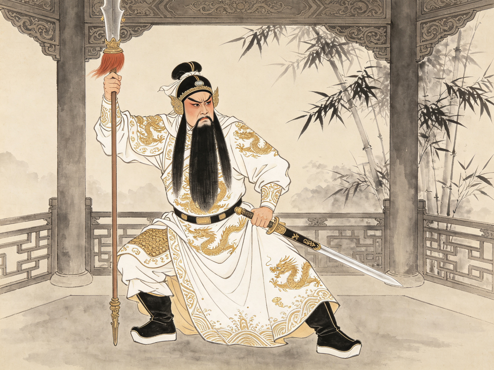 京剧《满江红》李少春饰演岳飞白蟒持枪形象