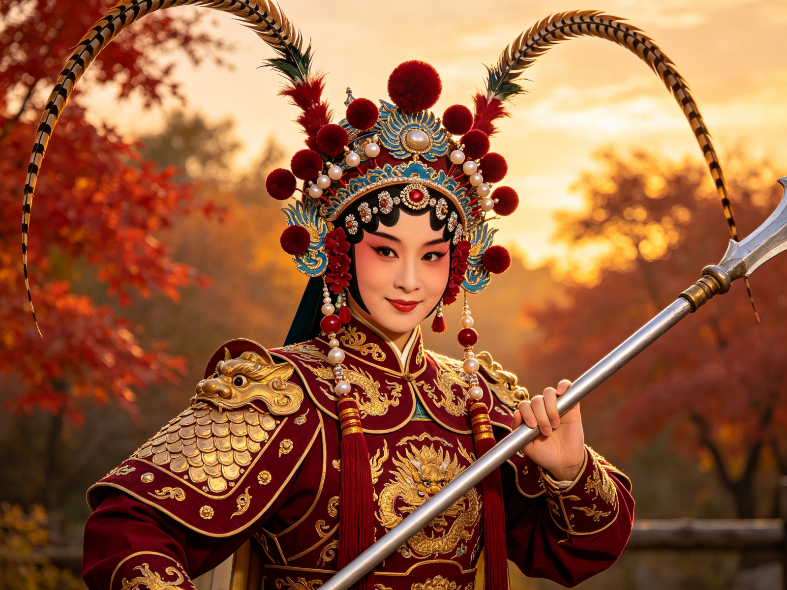 京剧《穆柯寨》刀马旦穆桂英帅盔雉尾、深红色硬靠、手按银枪，英武俊美立于山寨秋色之中