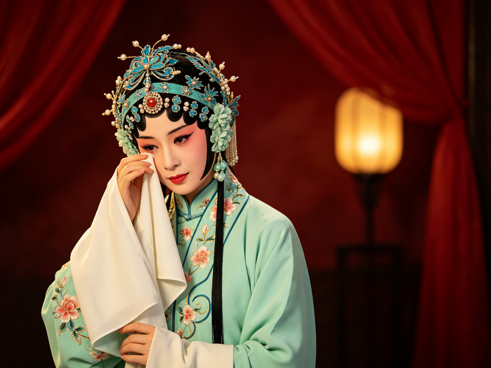 京剧《奇双会》李桂枝青衣扮相，淡青绣花褶子、点翠头面，以水袖拭泪，神情哀婉