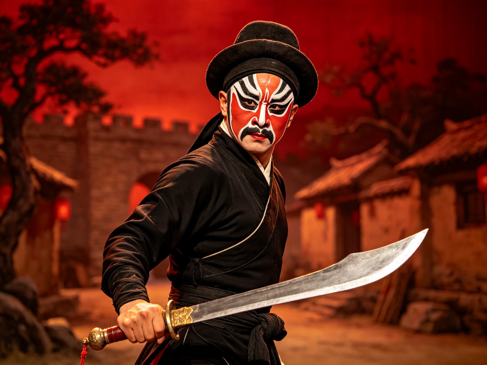 京剧《三打祝家庄》武生群像，黑箭衣短打武生手持大刀、武旦粉衣持枪，立于暗红暮色下的古代寨墙与旗影前