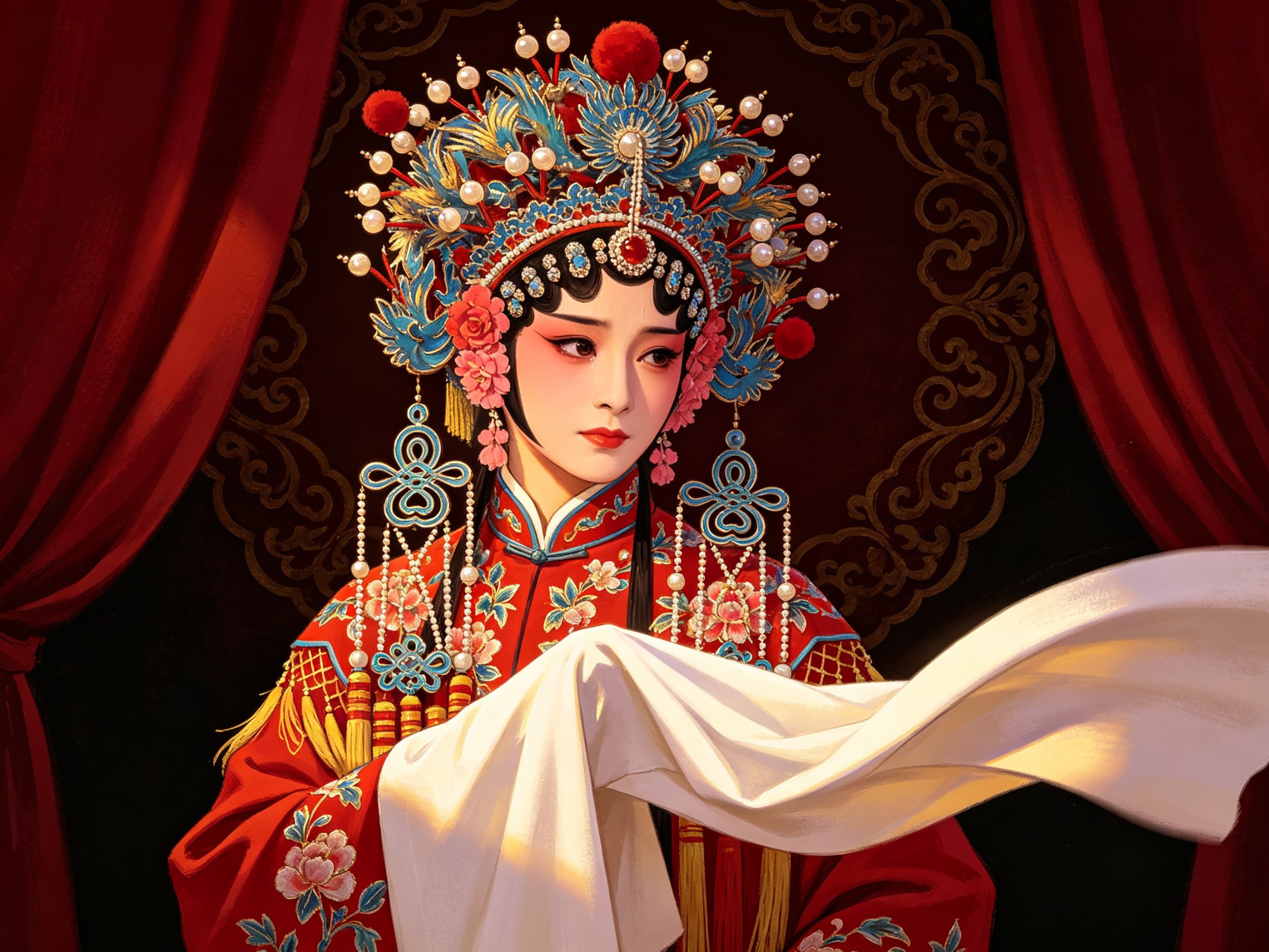 京剧《三击掌》青衣王宝钏俊扮、珠翠凤冠、大红绣花女帔，水袖甩出，眉眼含悲神色坚毅