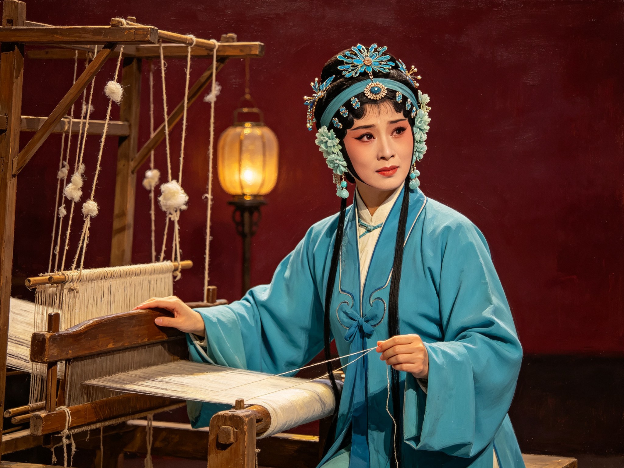 京剧《三娘教子》王春娥青衣素衣、手扶织机、坚毅含悲的舞台形象