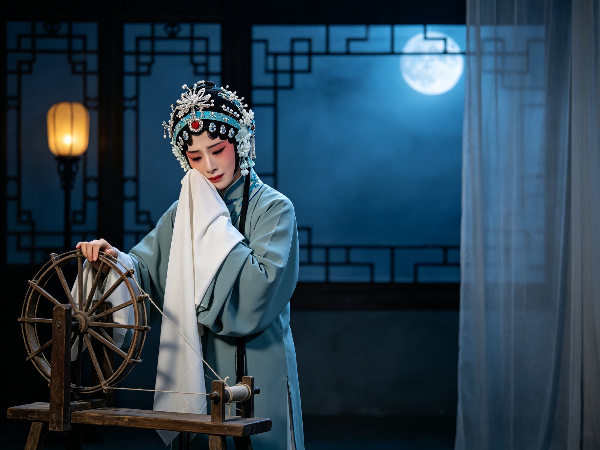 京剧《生死恨》梅派青衣韩玉娘点翠头面、身穿素青灰女褶子，手扶木纺车、以白色水袖掩面低泣，眼含悲戚