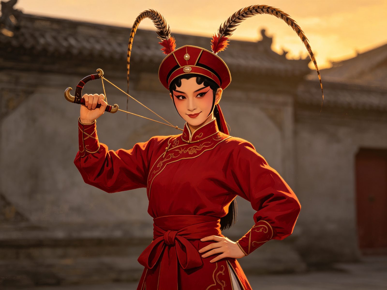 京剧《十三妹》尚派刀马旦何玉凤红色短打劲装、头戴额子雉尾高挑，手持弹弓、英姿飒爽，古寺黄昏背景