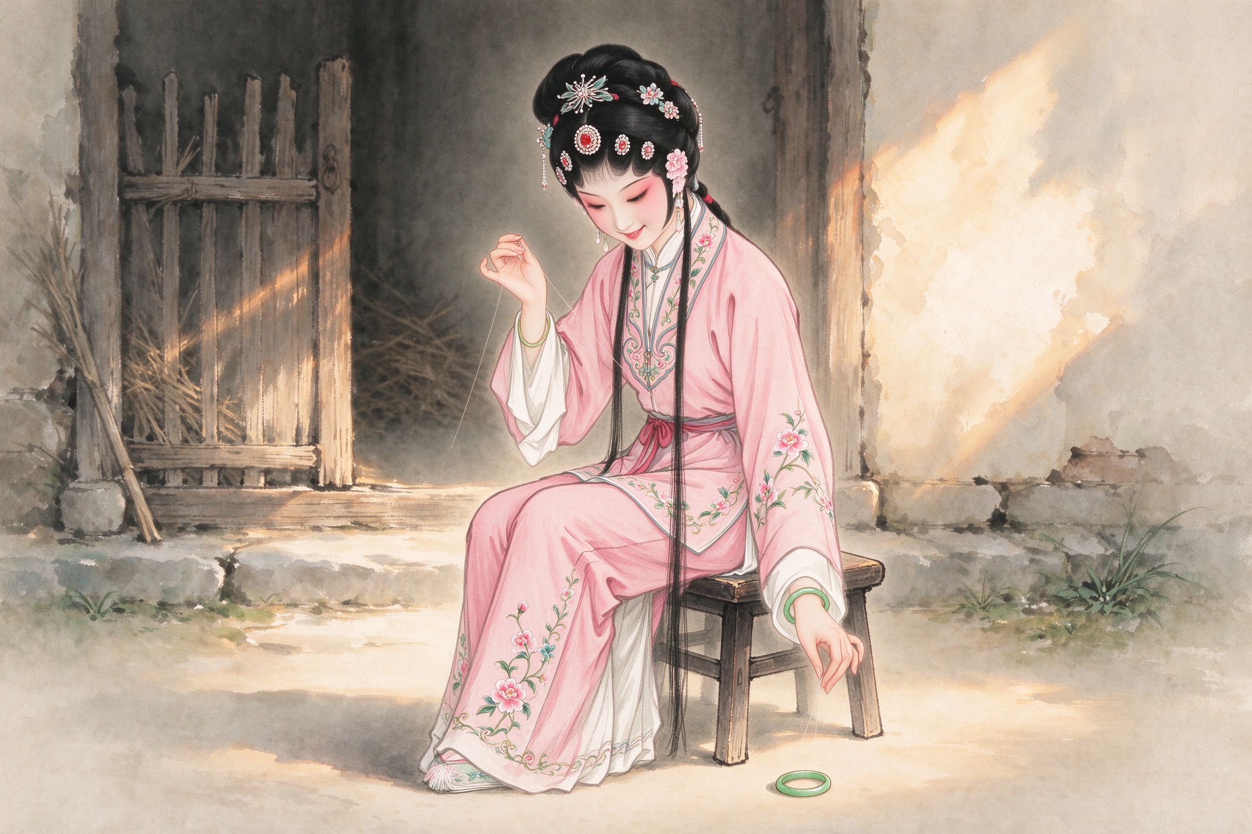 京剧《拾玉镯》孙玉姣门前绣花、拾镯的经典身段