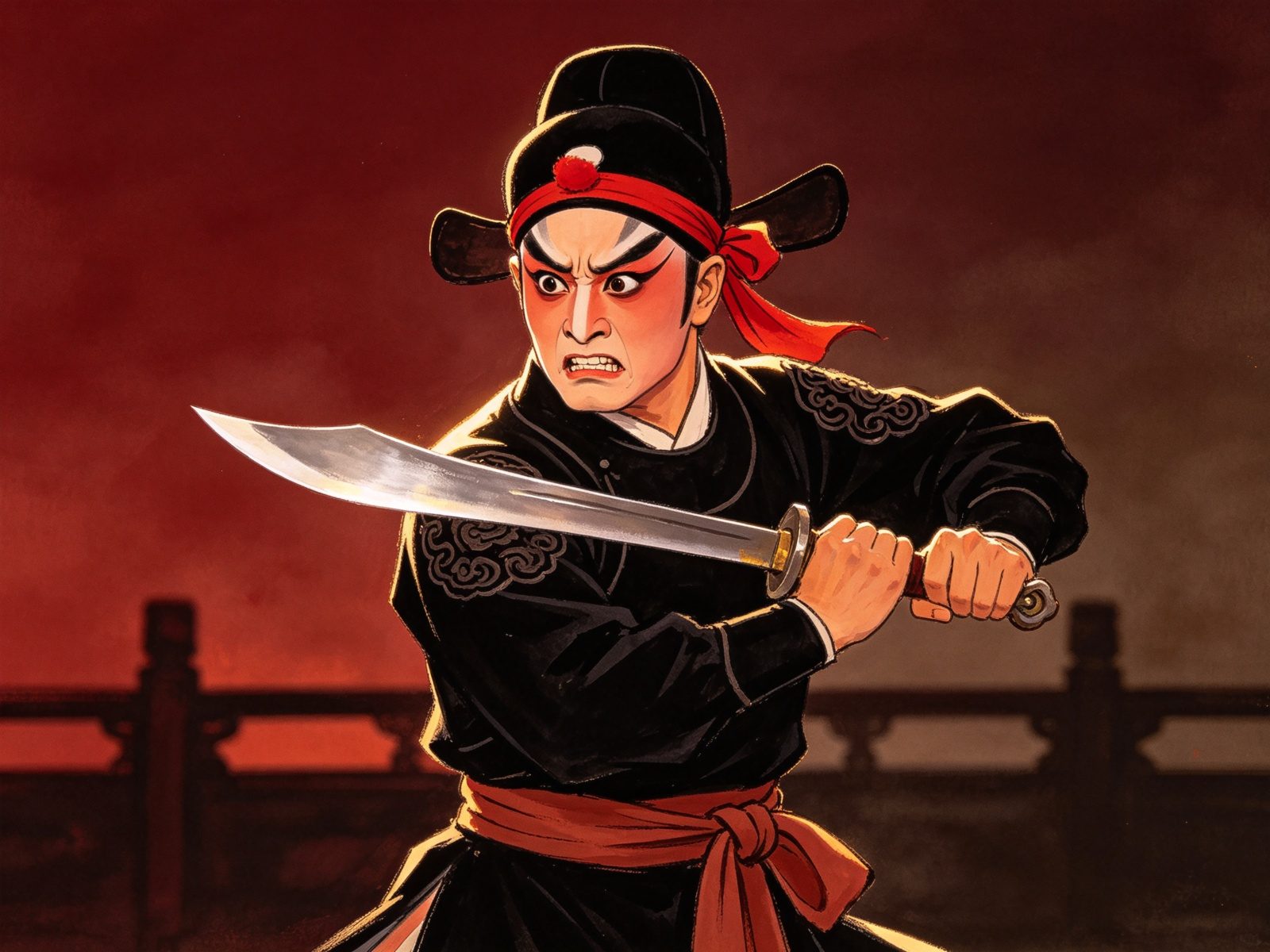 京剧《狮子楼》短打武生武松戴黑软罗帽系红绸、身穿黑短打、手持钢刀，怒目圆睁作斗杀西门庆之态