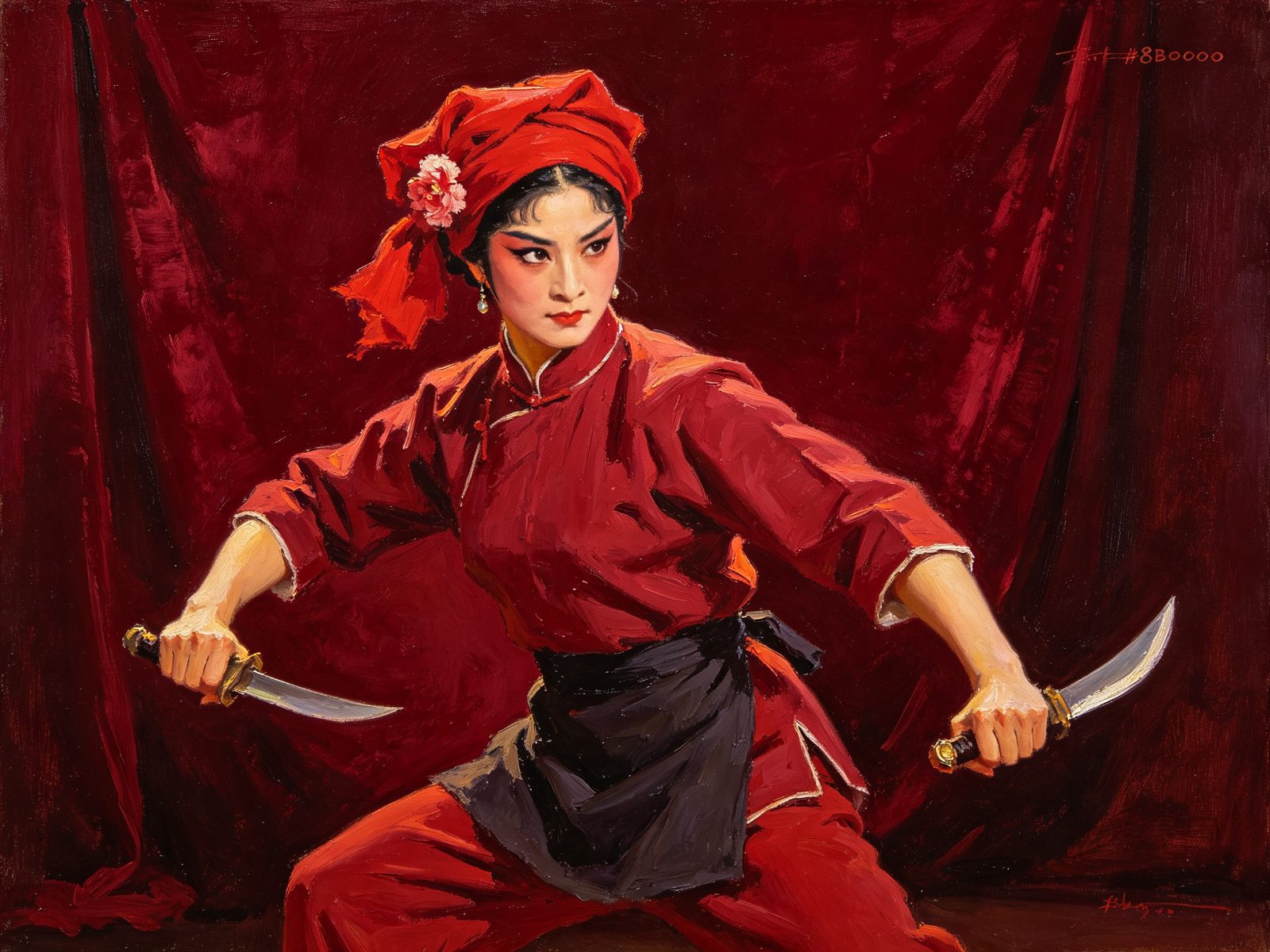 京剧武旦孙二娘，头戴大红绸巾、鬓边绒花，身穿枣红短打袄裤腰系围裙，双手持短刃、身手矫健亮相