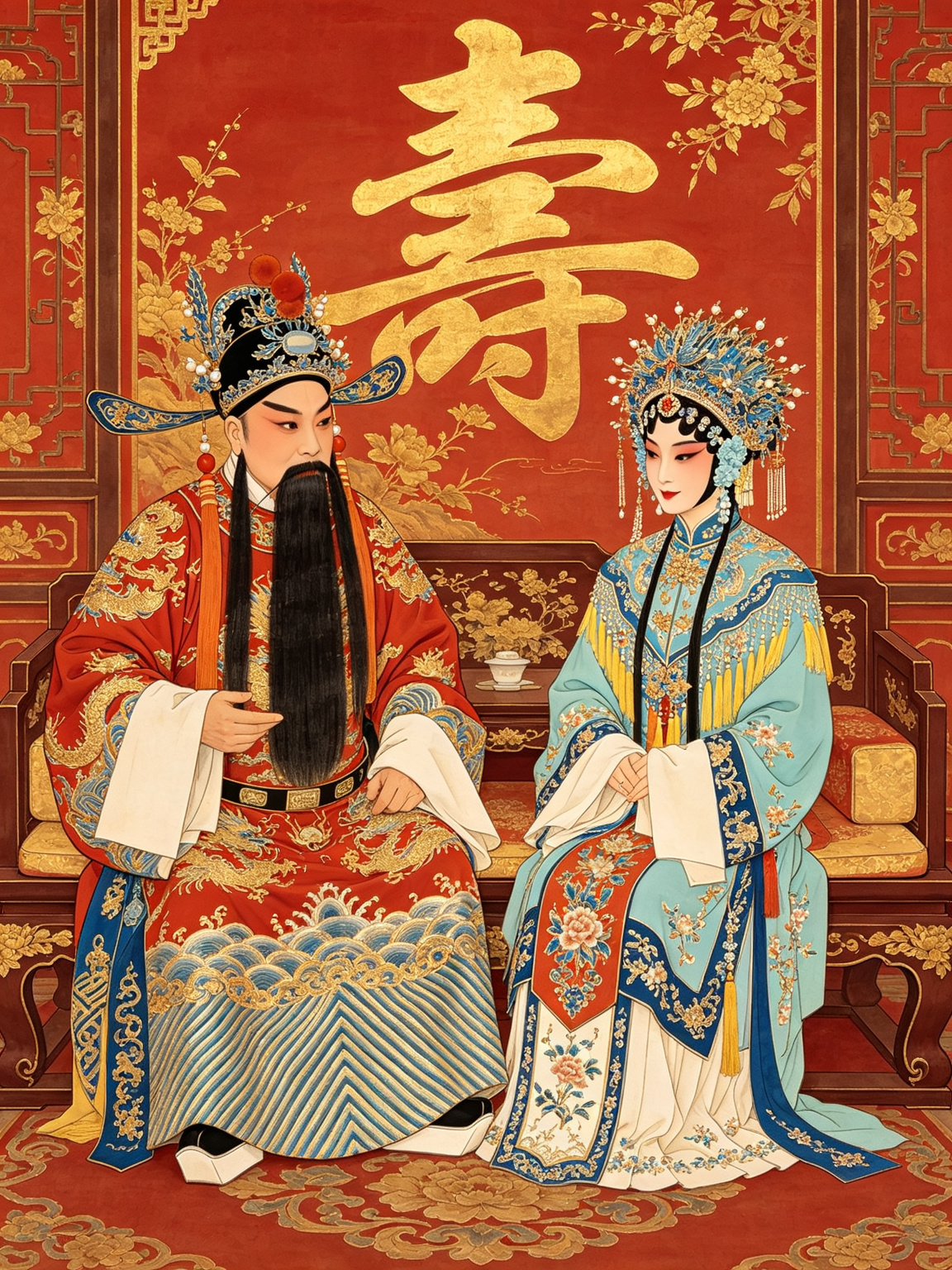 京剧四郎探母杨延辉与铁镜公主舞台艺术——杨延辉老生儒雅官衣，铁镜公主青衣华丽宫装，坐宫对坐倾诉思乡之情