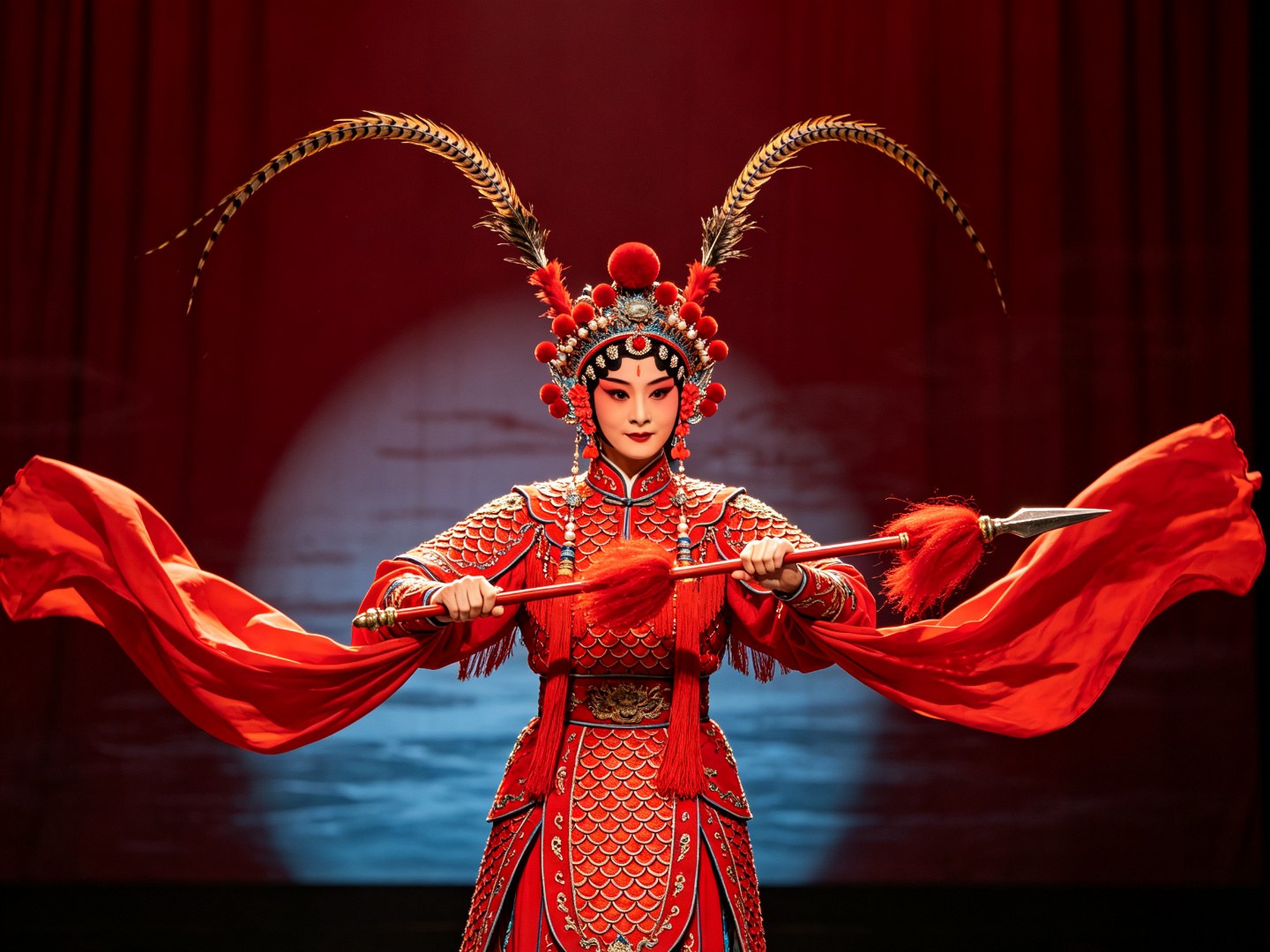 京剧《泗州城》武旦水母娘娘红衣刀马旦扮相，头戴鲜红额子雉尾高挑，双手持红缨枪于胸前亮相，红绸翻飞