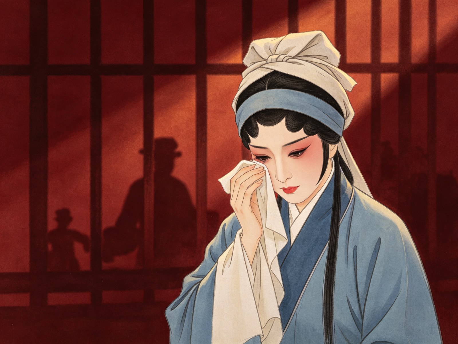 京剧《苏三起解》青衣苏三俊扮，凤眼垂泪，身穿素蓝罪衣，一手持帕拭泪，神情哀婉含冤