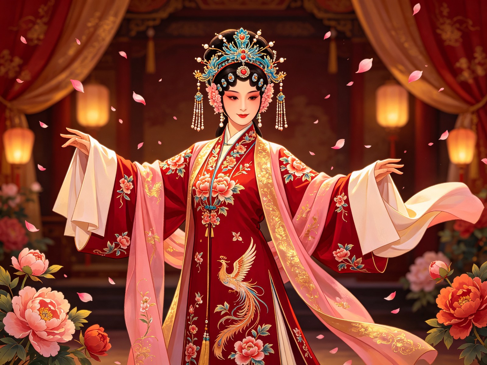 京剧《太真外传》梅派青衣杨贵妃杨玉环头戴珠翠凤冠点翠头面、身穿大红绣凤宫衣外披霞帔，双臂舒展水袖，雍容华贵