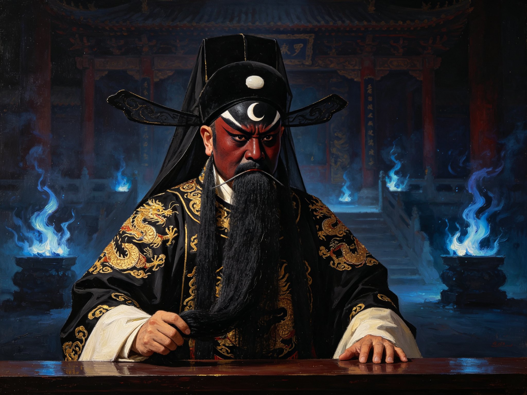 京剧《探阴山》铜锤花脸包拯黑脸额涂月牙、黑蟒绣金、捋髯按案刚正威严