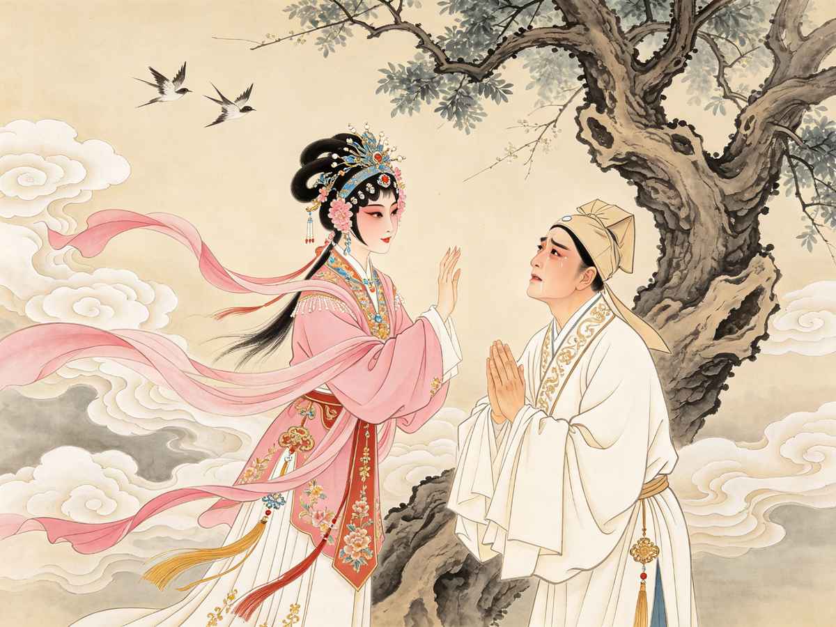 天仙配槐荫树下七仙女粉衣飘带与书生董永依依作别，苍劲古槐荫树与缭绕云雾