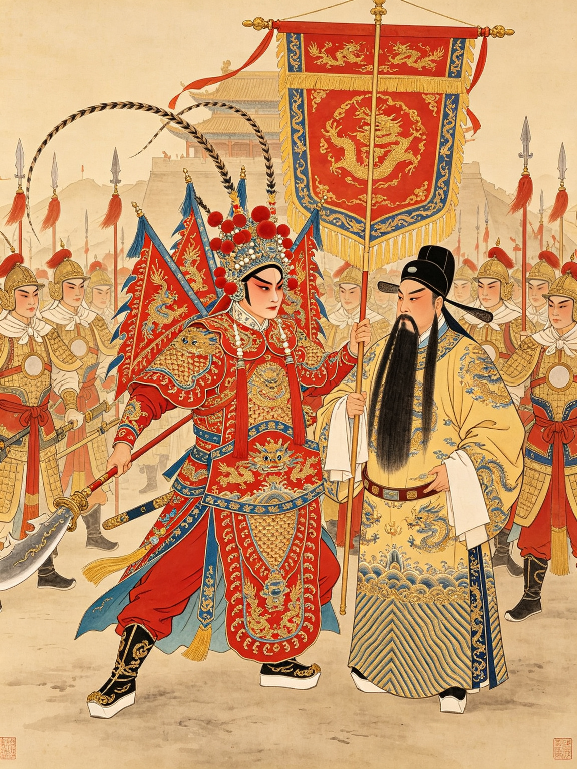 京剧挑滑车高宠与岳飞舞台艺术——高宠武生红靠勇猛挑滑车英雄，岳飞老生儒雅帅旗飘扬统帅，岳家军战场场景