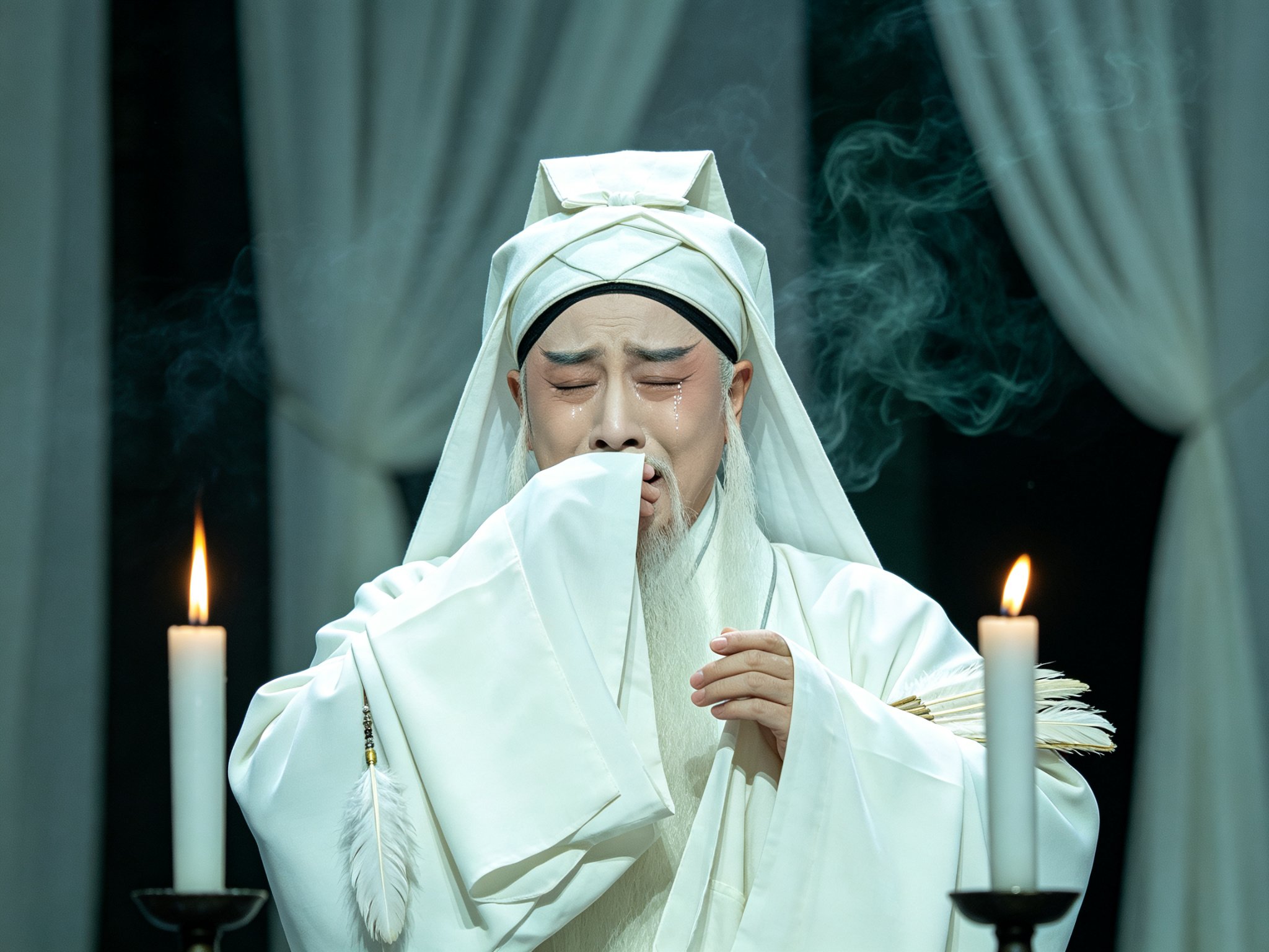 京剧《卧龙吊孝》诸葛亮头戴白孝巾、身着素白褶子、以袖掩面而泣的灵堂近景