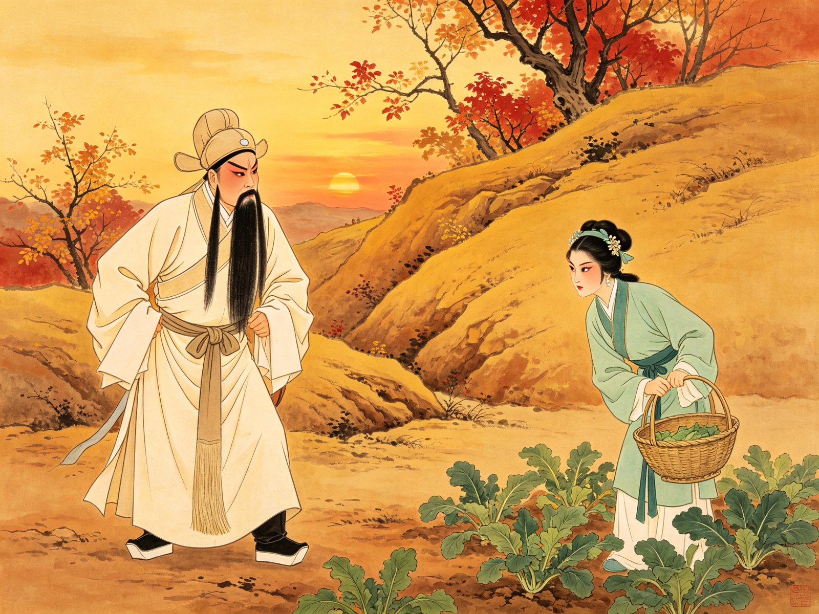 京剧《武家坡》老生薛平贵勒马回身、青衣王宝钏手提竹篮剜菜，秋坡前似认非认的生旦对戏舞台造型
