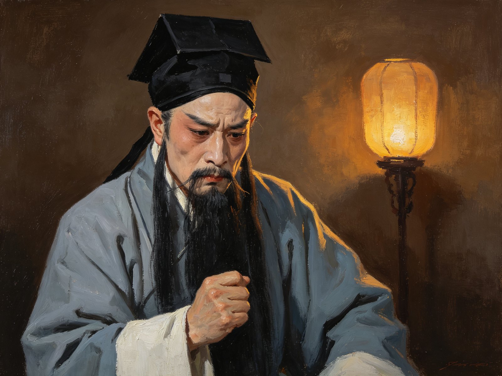 京剧《乌龙院》做工老生宋江面容清瘦、三绺黑髯、方巾灰蓝褶子，眉头紧锁、神色焦灼隐忍