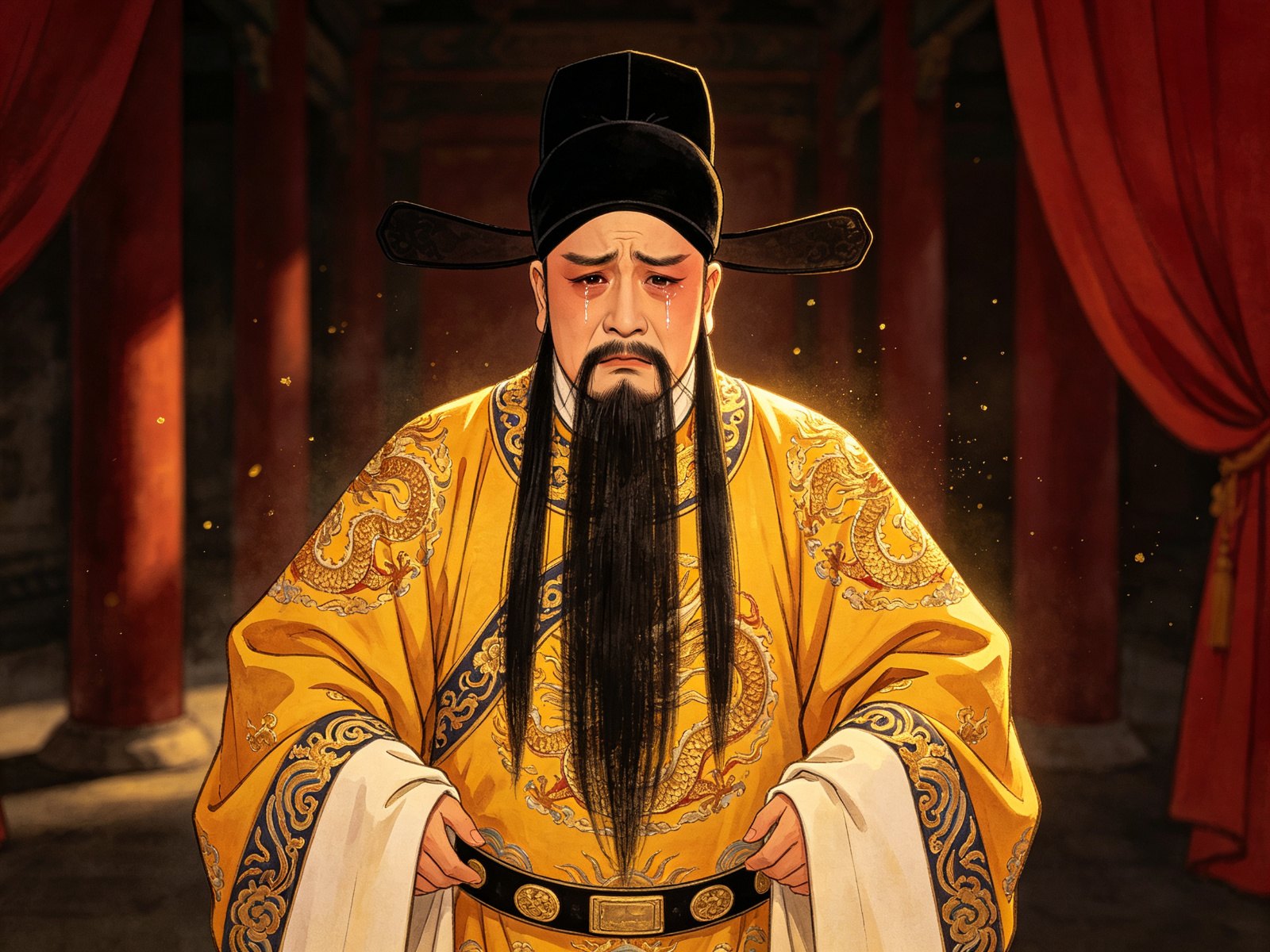京剧《逍遥津》高派老生汉献帝头戴王帽、身穿明黄龙纹蟒袍、长髯垂胸、满面悲戚的舞台造型