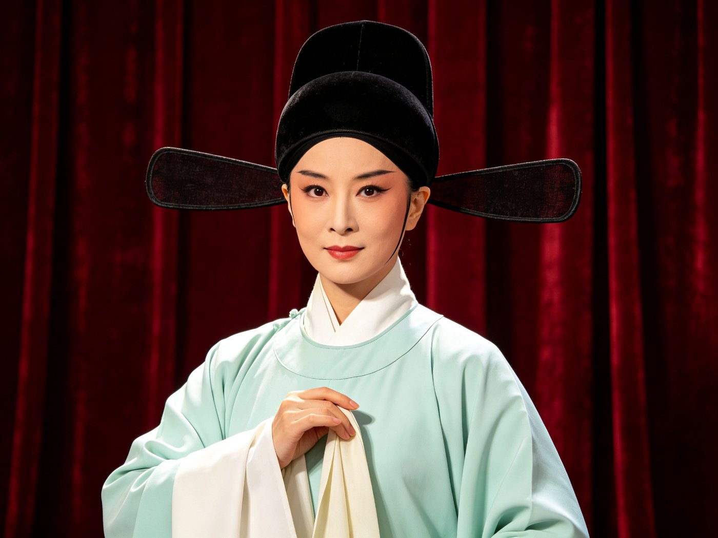 京剧《谢瑶环》梅派青衣杜近芳饰演女巡按谢瑶环，女扮男装戴乌纱展角、身穿淡青官衣，身姿端方眼神坚毅