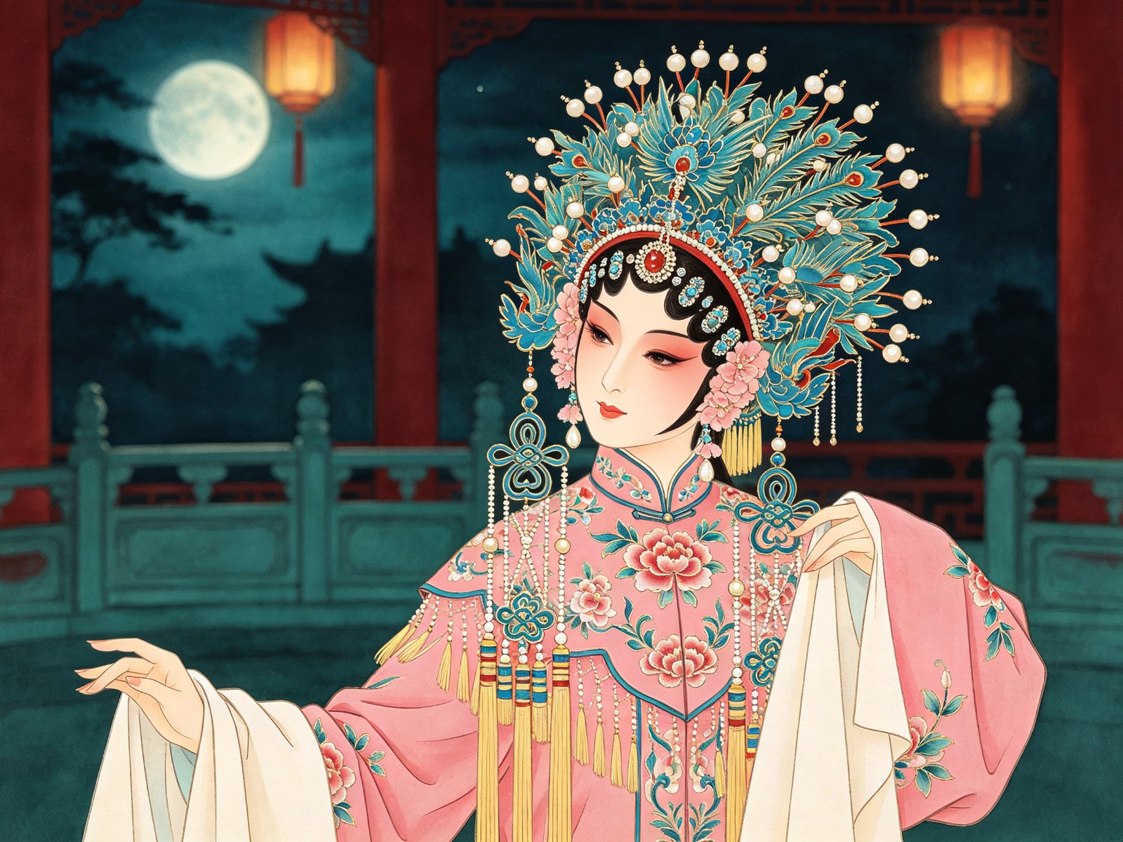 京剧《西施》梅派青衣头戴点翠凤冠、身穿粉红绣花粉古装云肩，凤眼含情，双手展水袖，背景宫殿月光剪影