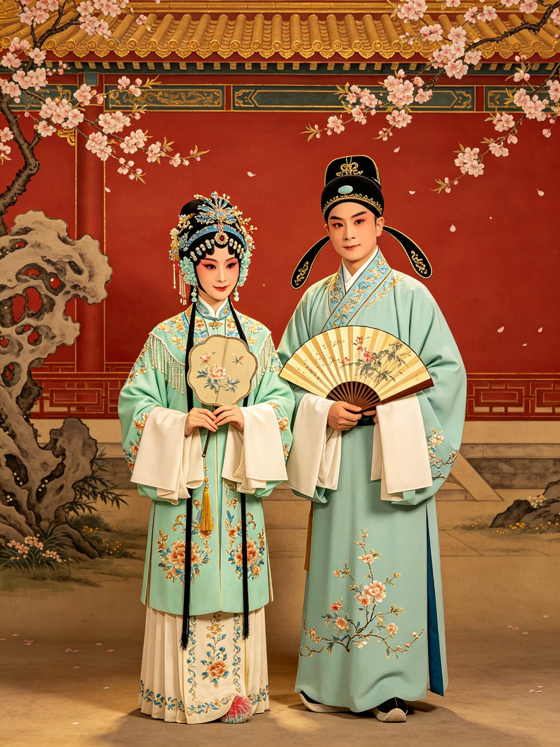 京剧西厢记崔莺莺与张珙舞台艺术——青衣华丽宫装手持团扇，小生儒雅书生手持折扇，普救寺西厢桃花庭院