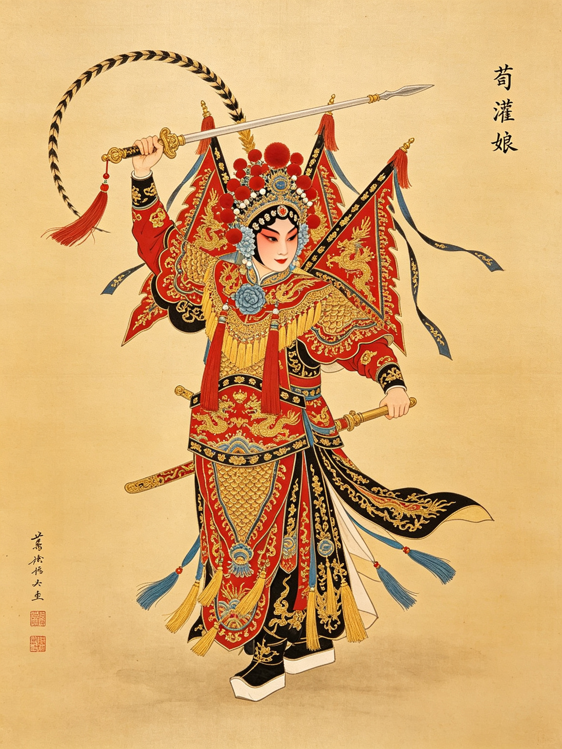 京剧荀灌娘舞台艺术照——荀慧生大师荀灌娘经典舞台形象荀灌娘，荀派刀马旦英气飒爽巾帼英雄突围救父意境