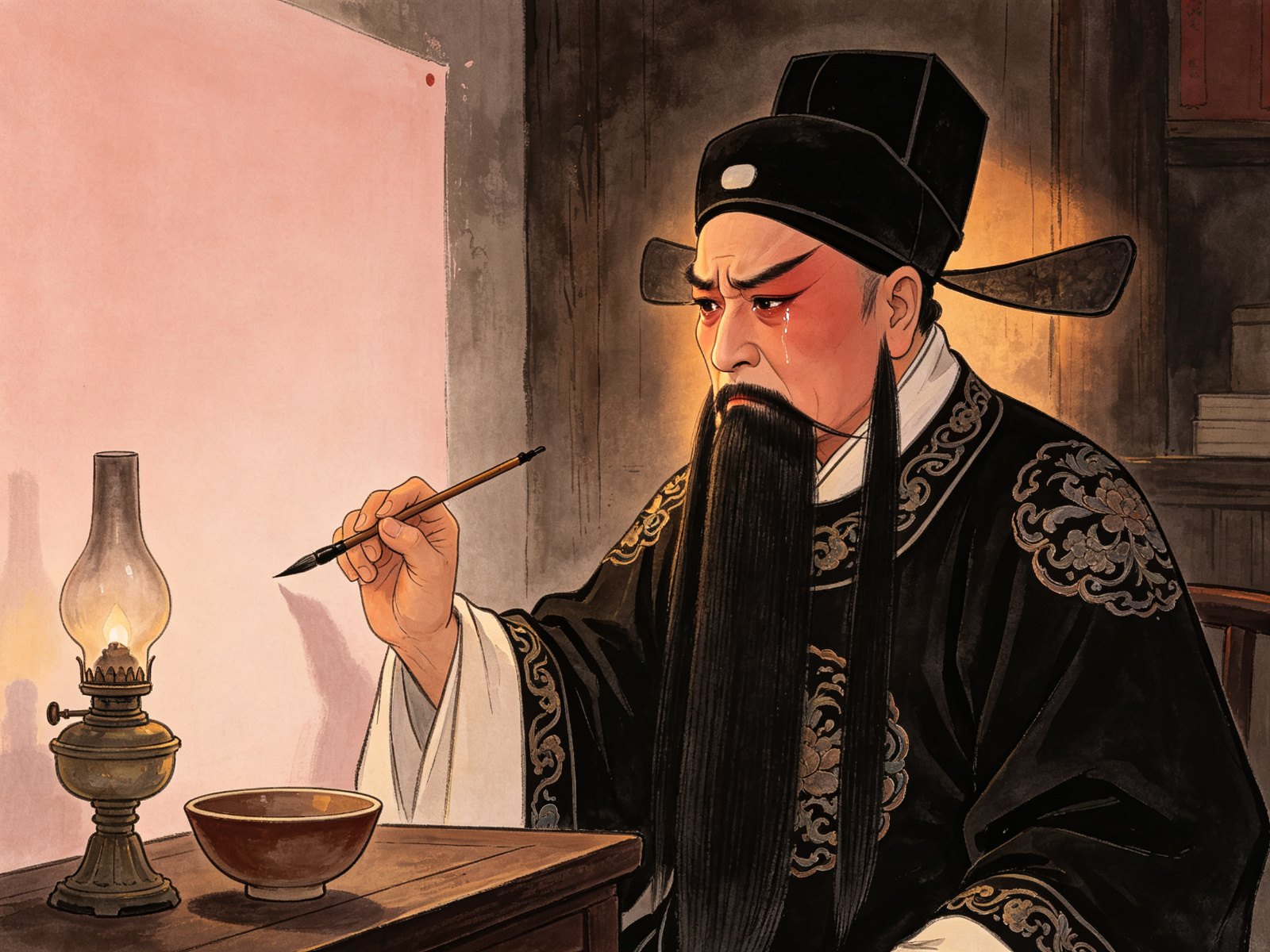 京剧《浔阳楼》做工老生宋江戴黑方巾、挂黑三髯、身穿黑褶子，手持毛笔对壁题诗，神色悲愤