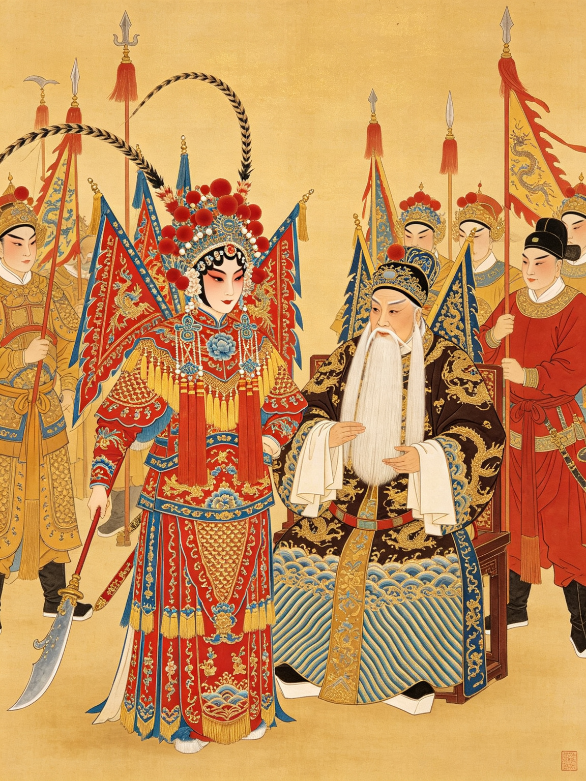 京剧杨门女将穆桂英舞台艺术——穆桂英刀马旦英武飒爽巾帼英雄，佘太君老旦威严沉稳杨门女将出征场景